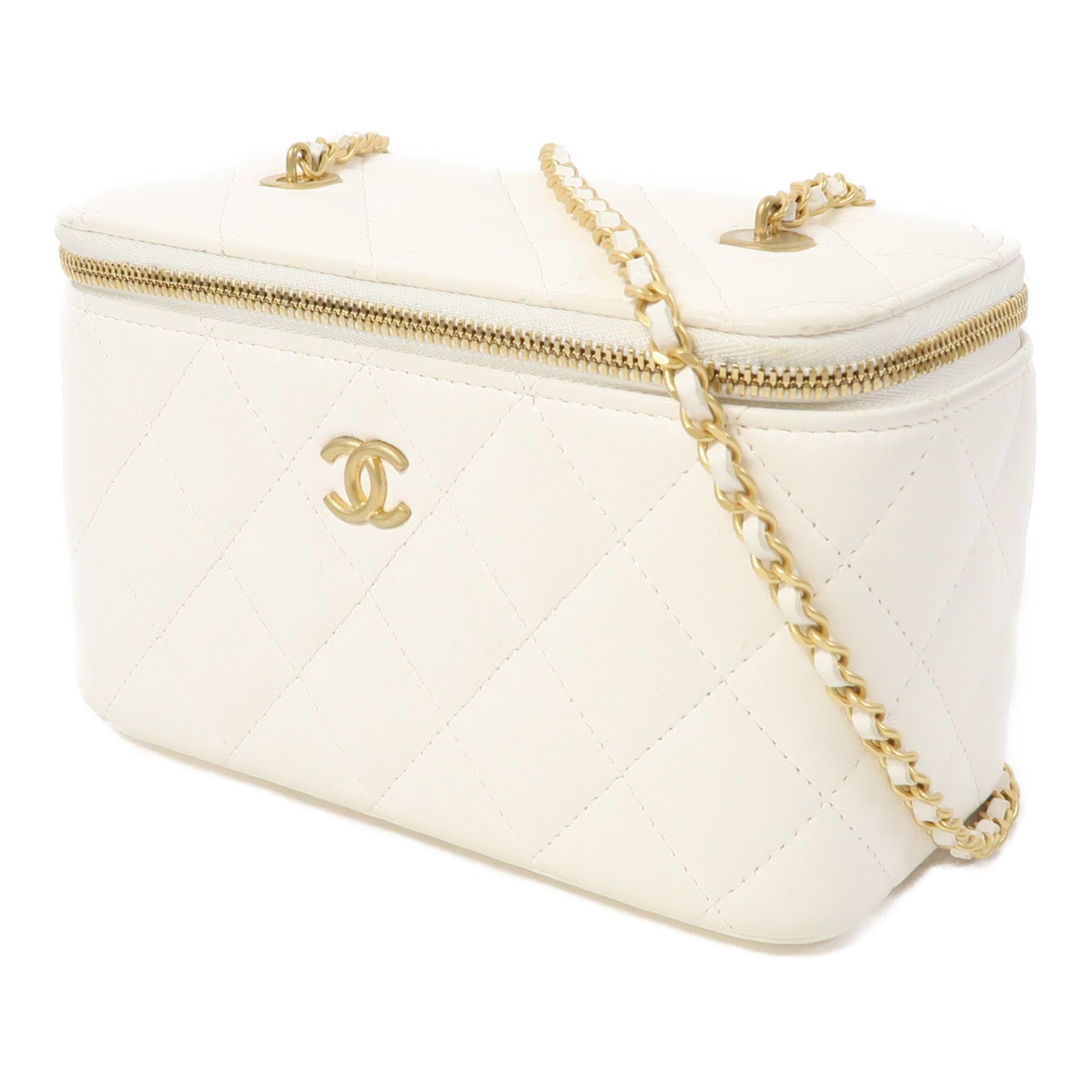 CHANEL 【激減優惠】菱格羊皮皮革Vanity Case金扣鏈帶肩背袋白色