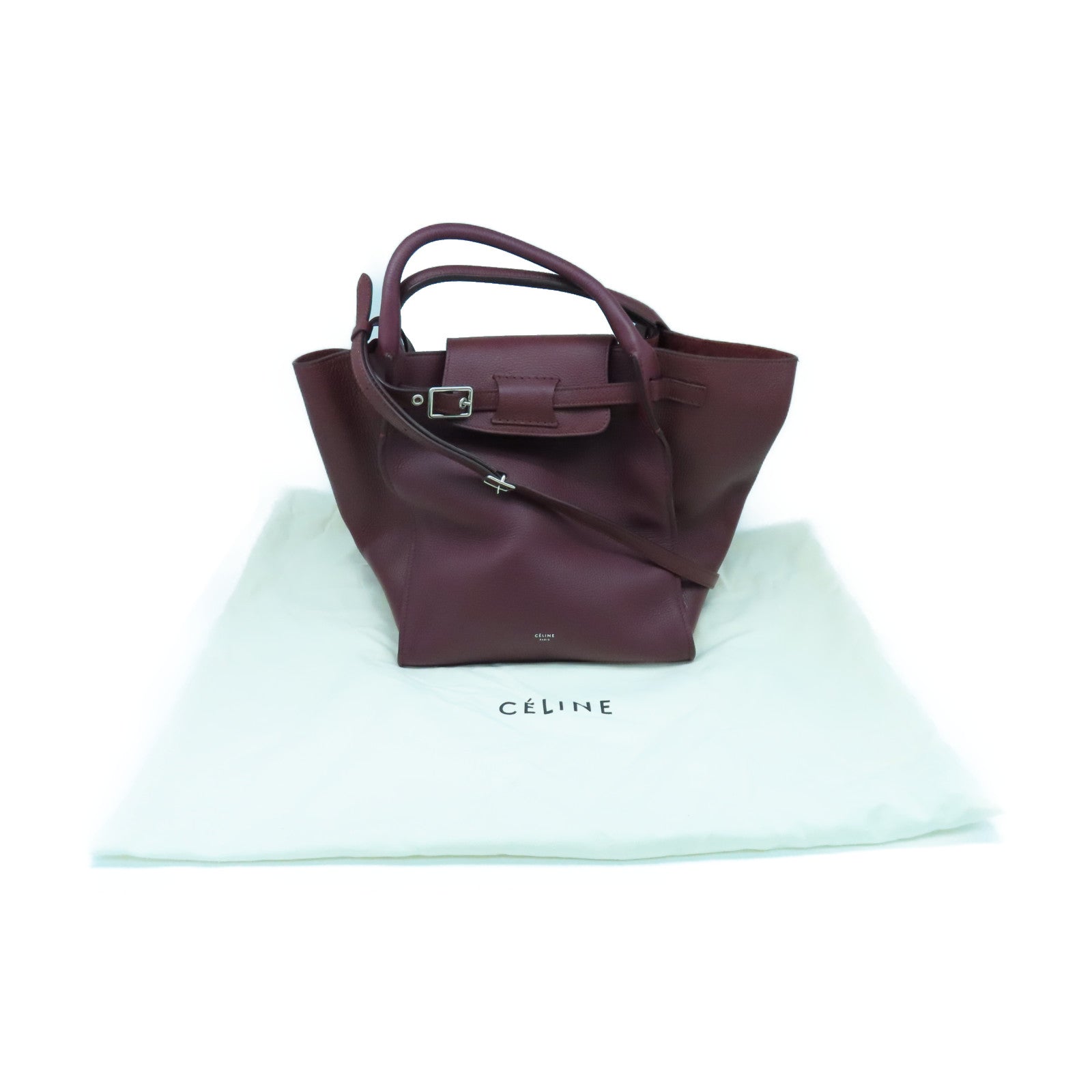 CELINE 【清倉大減價】牛皮皮革2 Way Shoulder銀扣手挽肩背兩用袋酒紅色