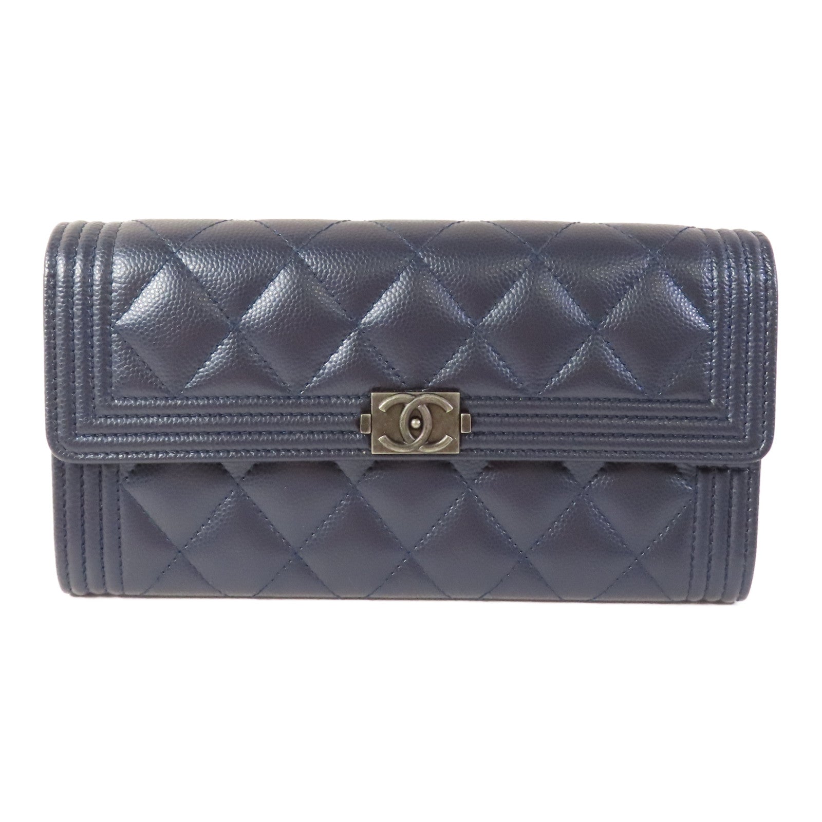 CHANEL Blue Boy Long Wallet Caviar Leather Blue