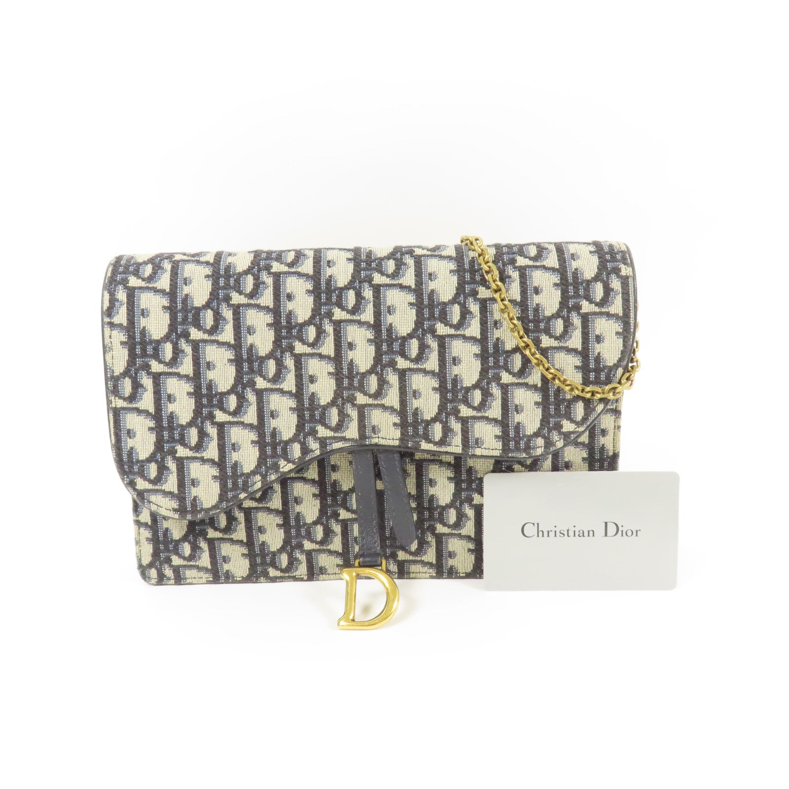 Dior CD GHW Saddle Pouch with Chain Shoulder Bag Canvas Navy