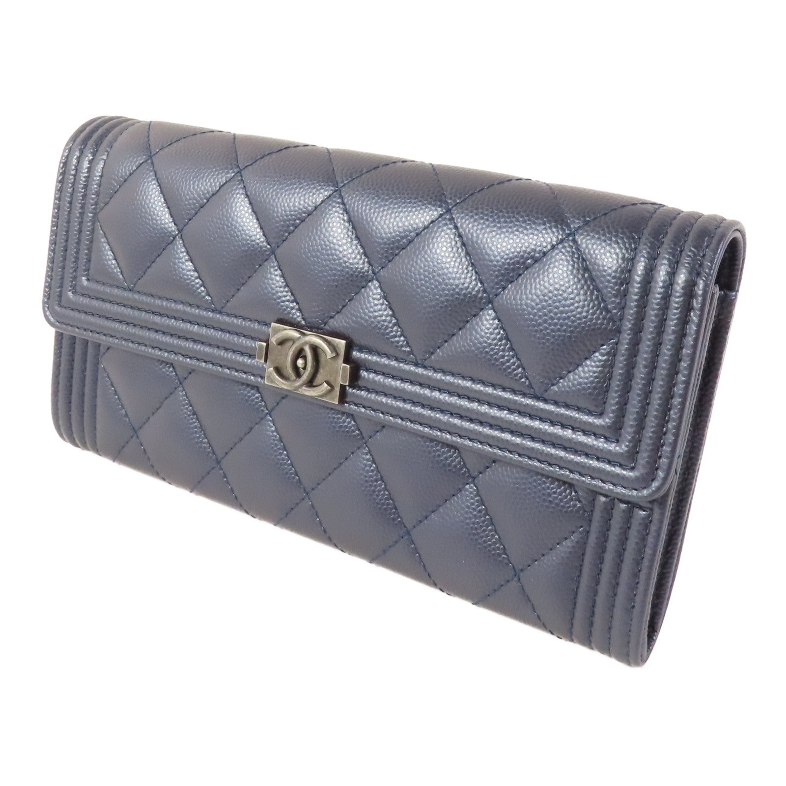 CHANEL Blue Boy Long Wallet Caviar Leather Blue