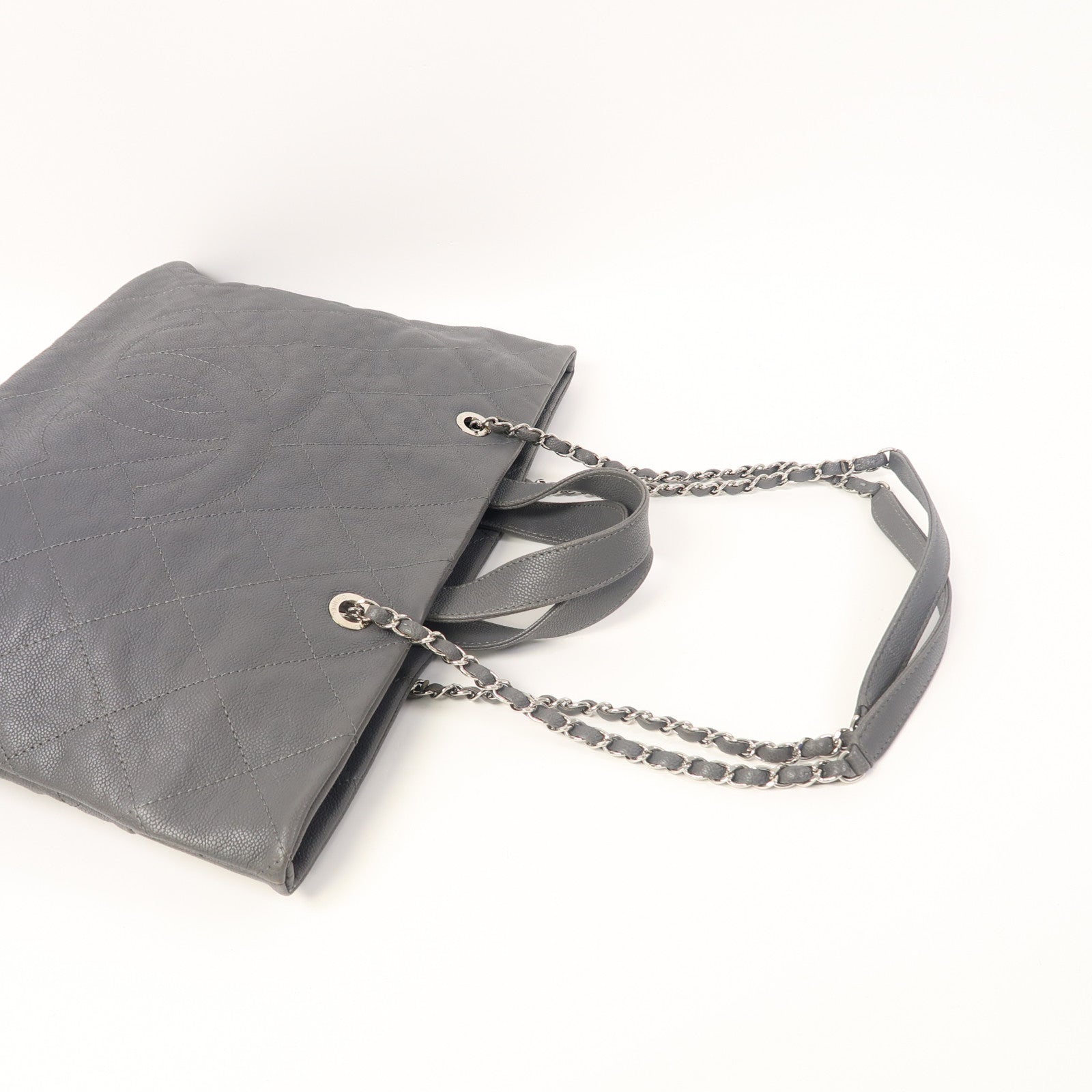 CHANEL 菱格牛皮皮革Tote Bag銀扣手挽肩背兩用袋灰色