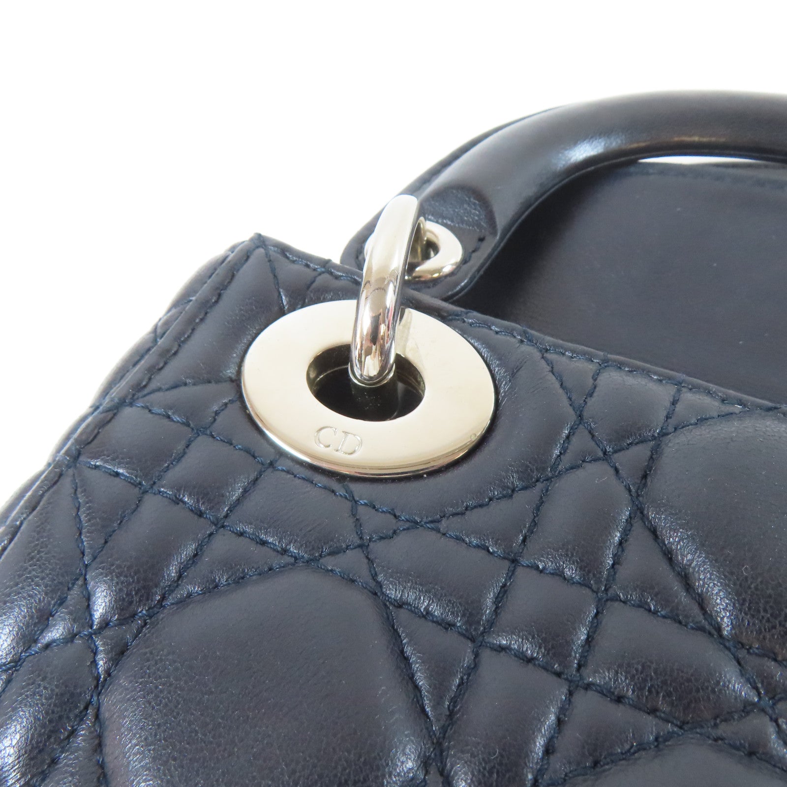 Dior 羊皮皮革Lady Dior Mini銀扣手挽肩背兩用袋深藍色