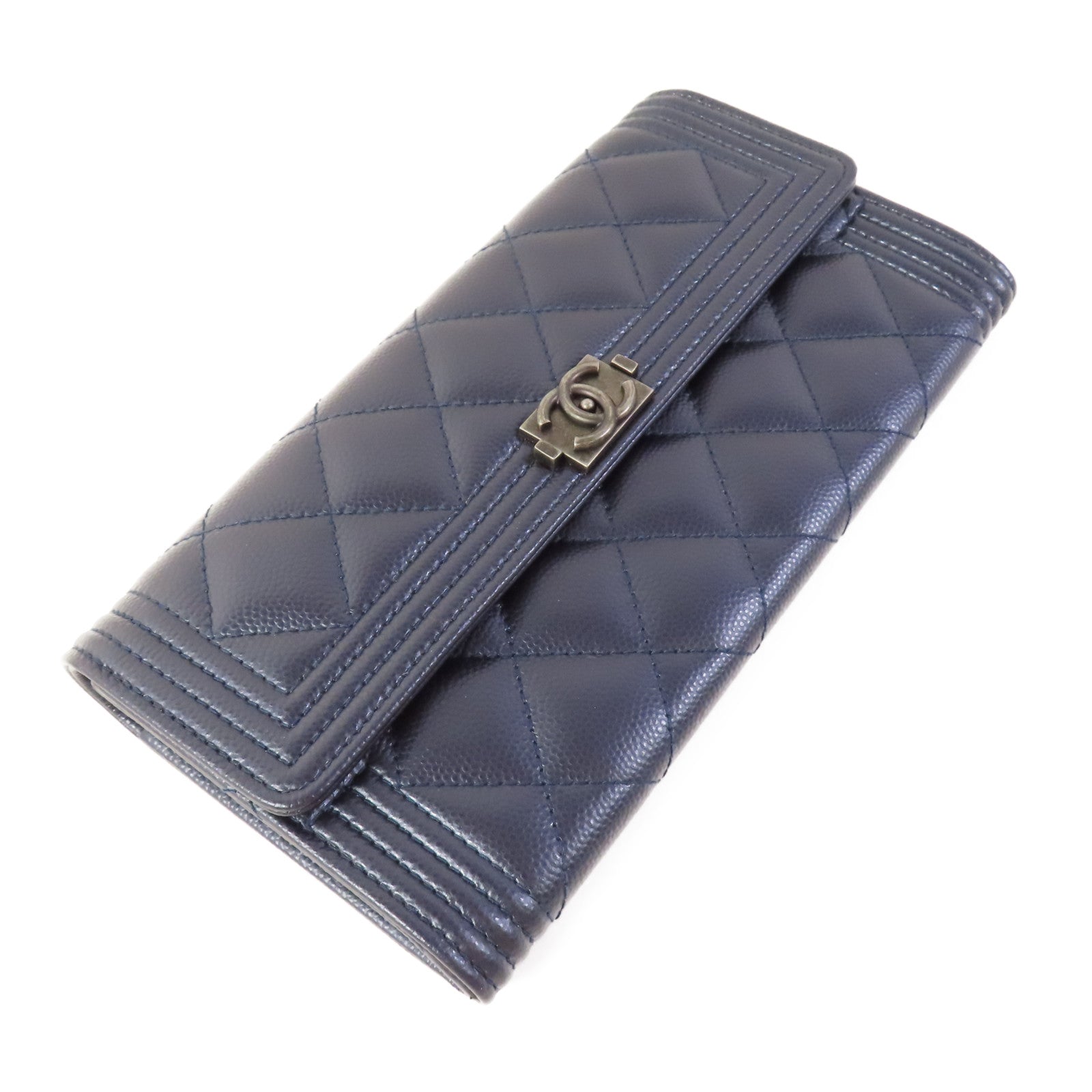 CHANEL Blue Boy Long Wallet Caviar Leather Blue
