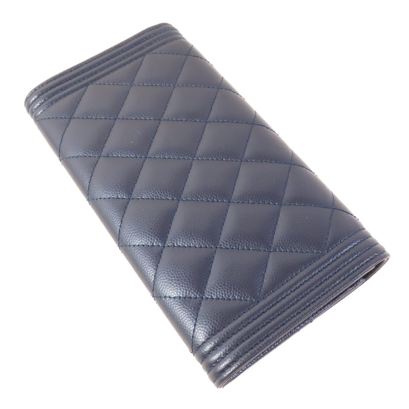 CHANEL Blue Boy Long Wallet Caviar Leather Blue