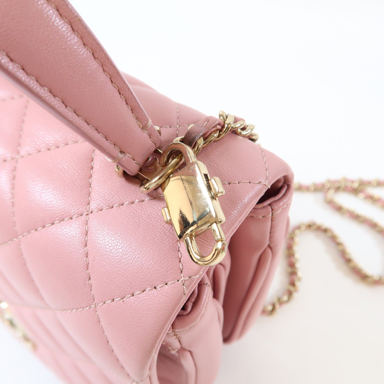 CHANEL 菱格羊皮皮革Mini Flap Bag金扣手挽肩背兩用袋粉紅色