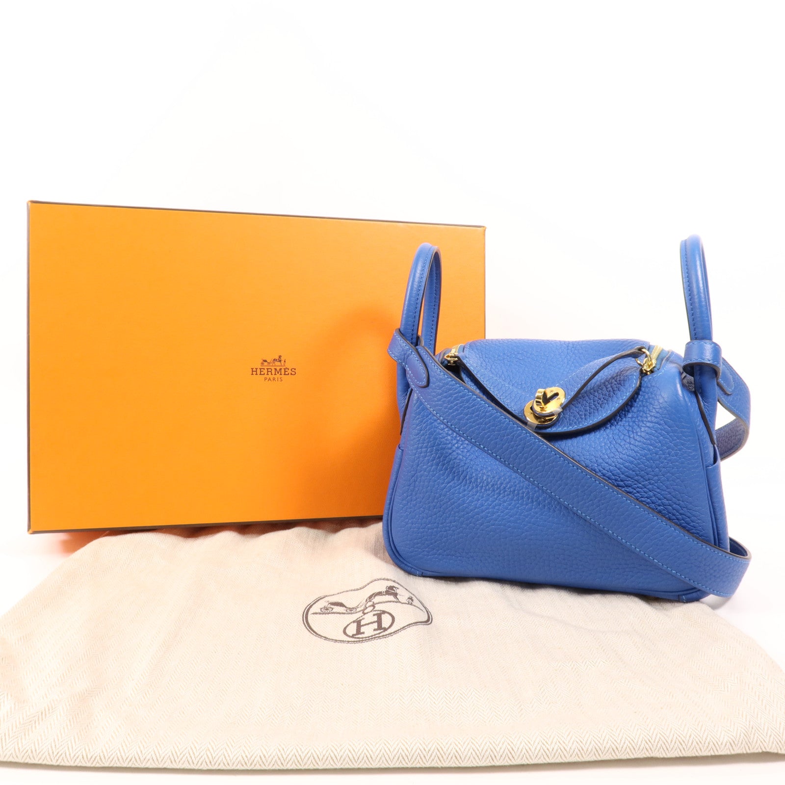 HERMES Clemence皮革Mini Lindy金扣手挽肩背兩用袋Bleu France