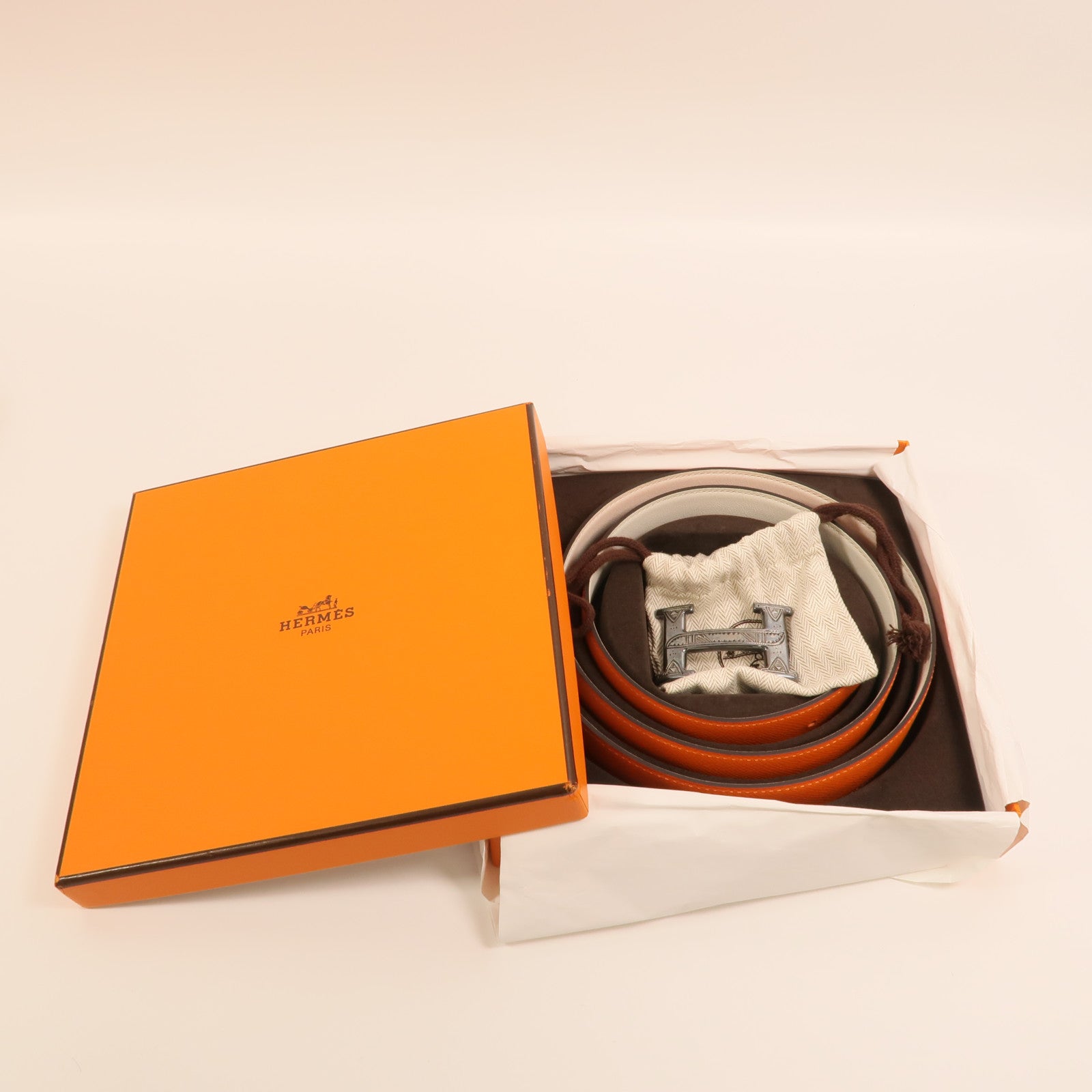 HERMES Epsom/Swift皮革/925純銀Constance H Belt皮帶Orange/Beton