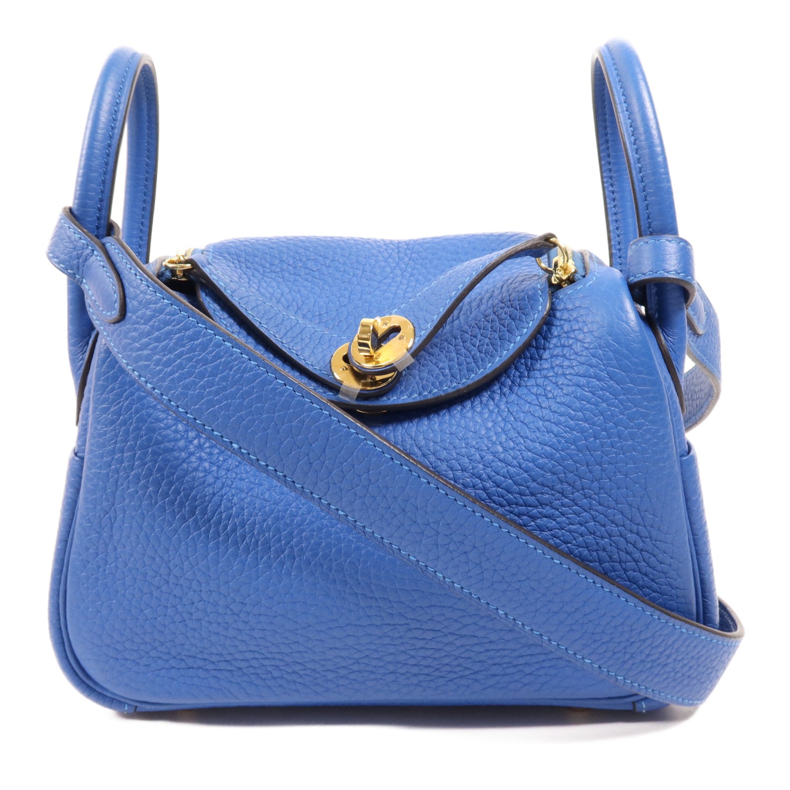 HERMES Clemence皮革Mini Lindy金扣手挽肩背兩用袋Bleu France