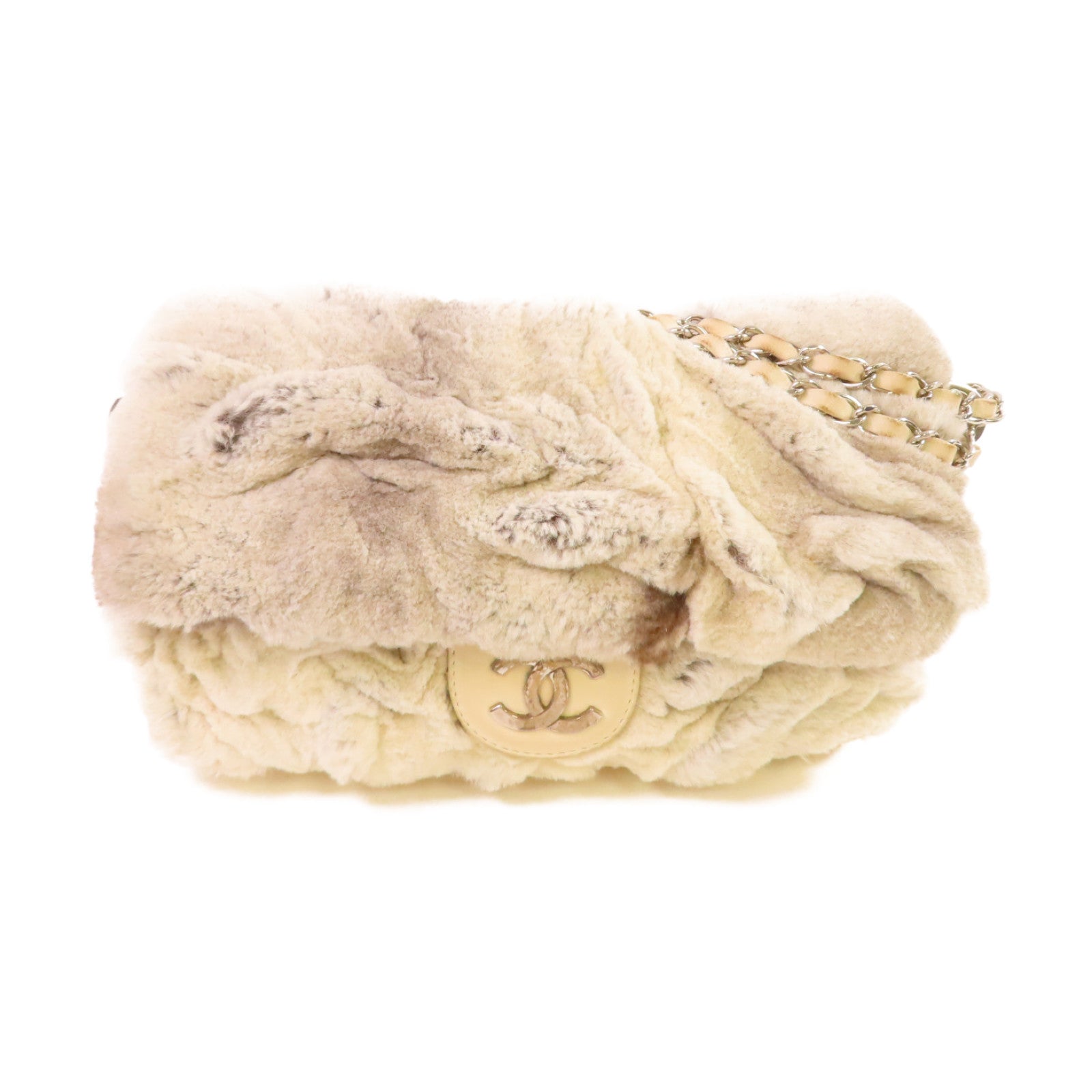 CHANEL 毛絨Shoulder Bag銀扣鏈帶肩背袋米白色