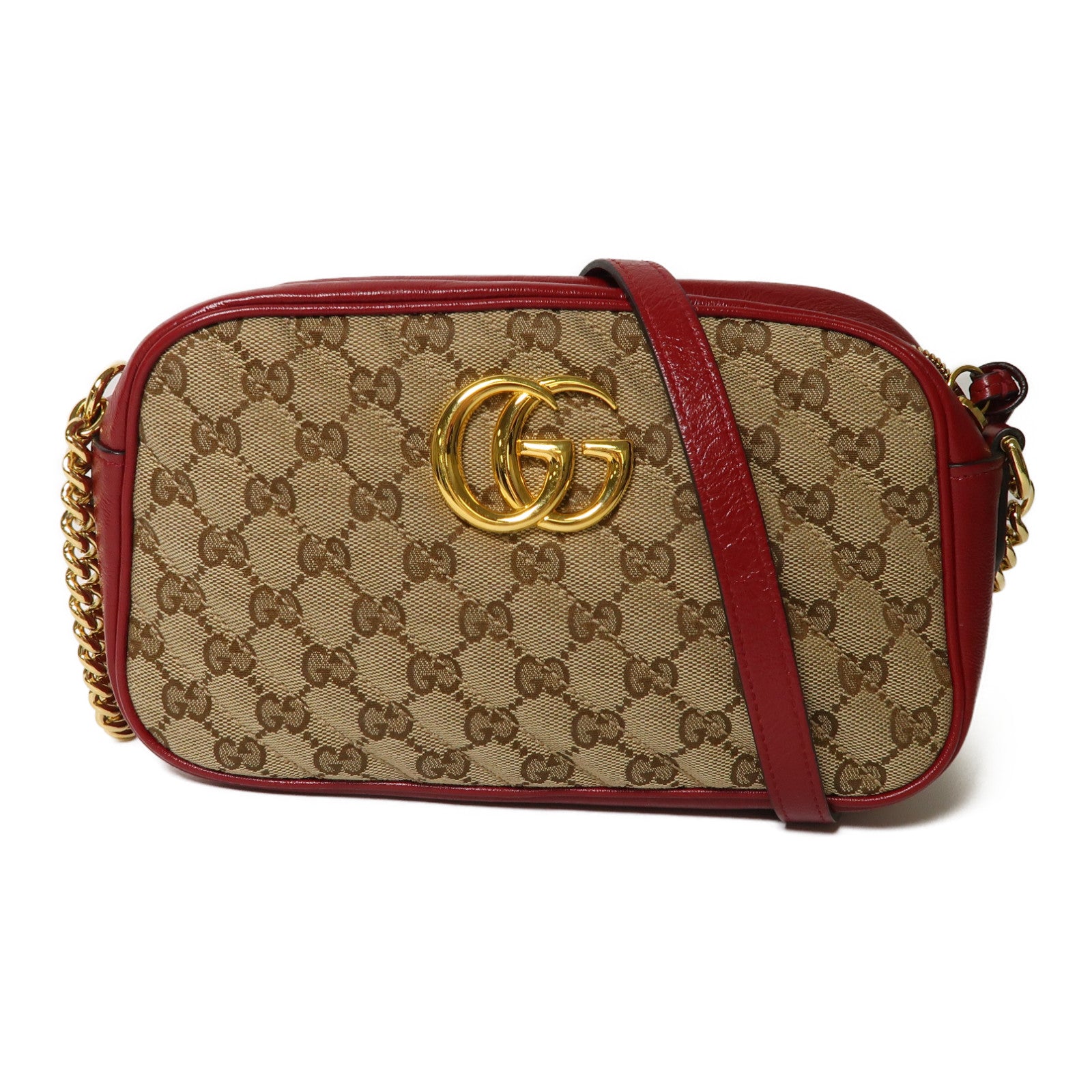 GUCCI 帆布/牛皮皮革Shoulder Bag金扣肩背袋啡色/紅色