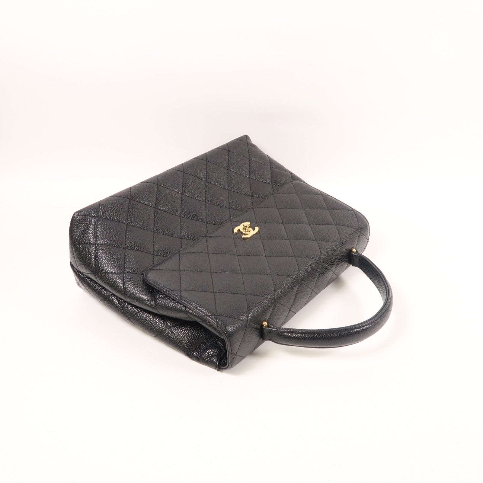 CHANEL CC GHW Vintage Top Handle Hand Bag Calfskin Leather Black