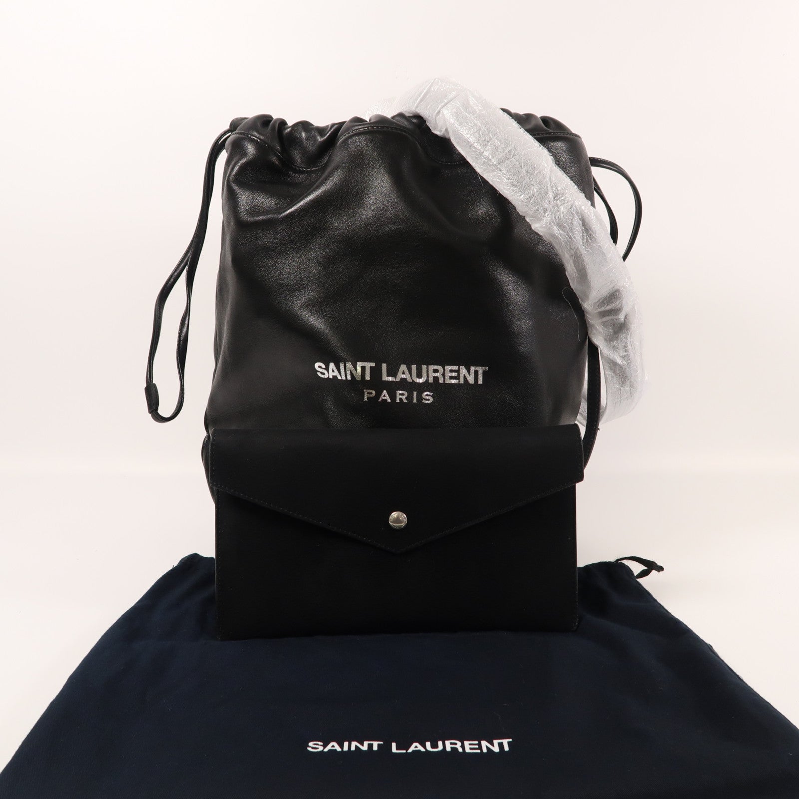 SAINT LAURENT 羊皮皮革Bucket Bag銀扣肩背袋
