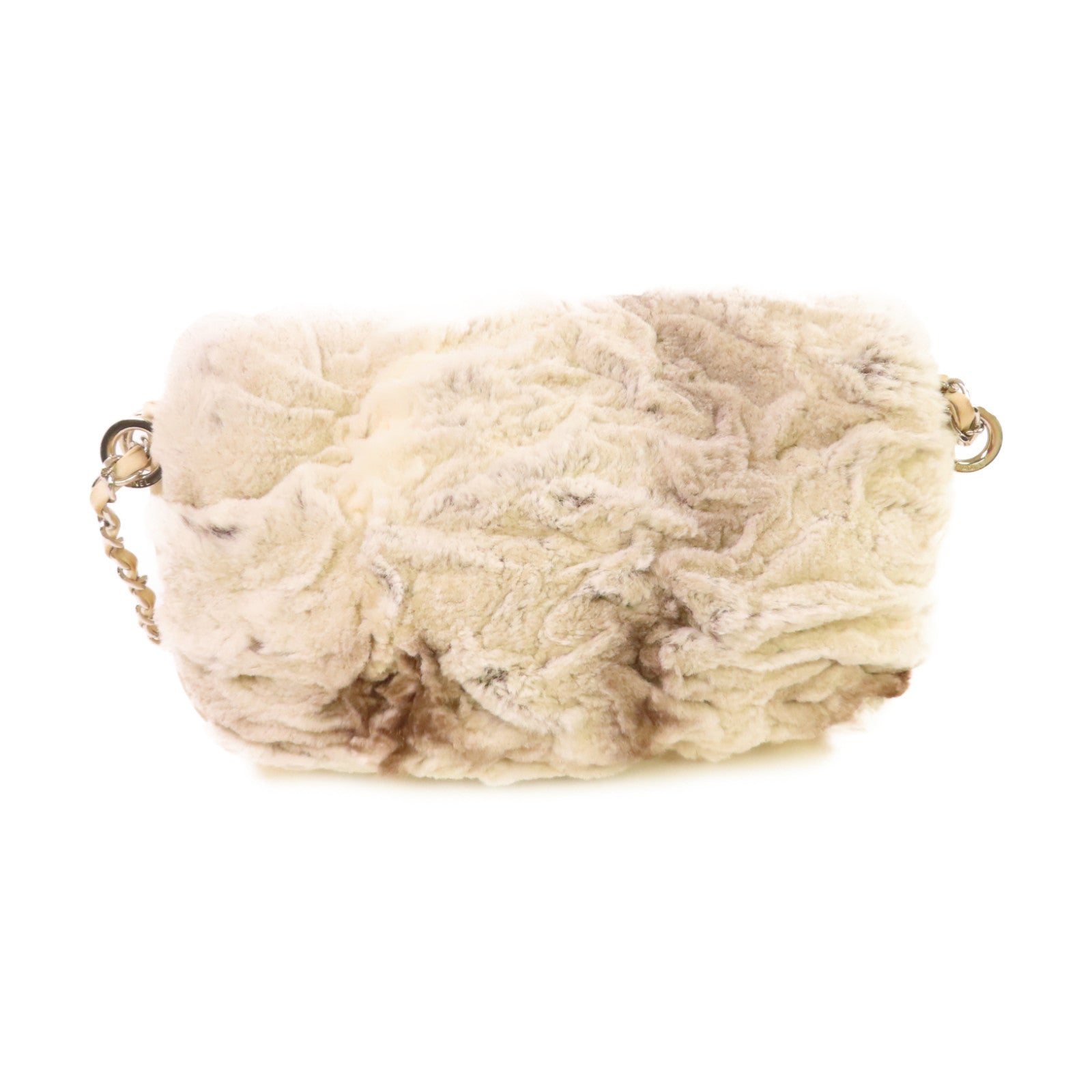 CHANEL 毛絨Shoulder Bag銀扣鏈帶肩背袋米白色