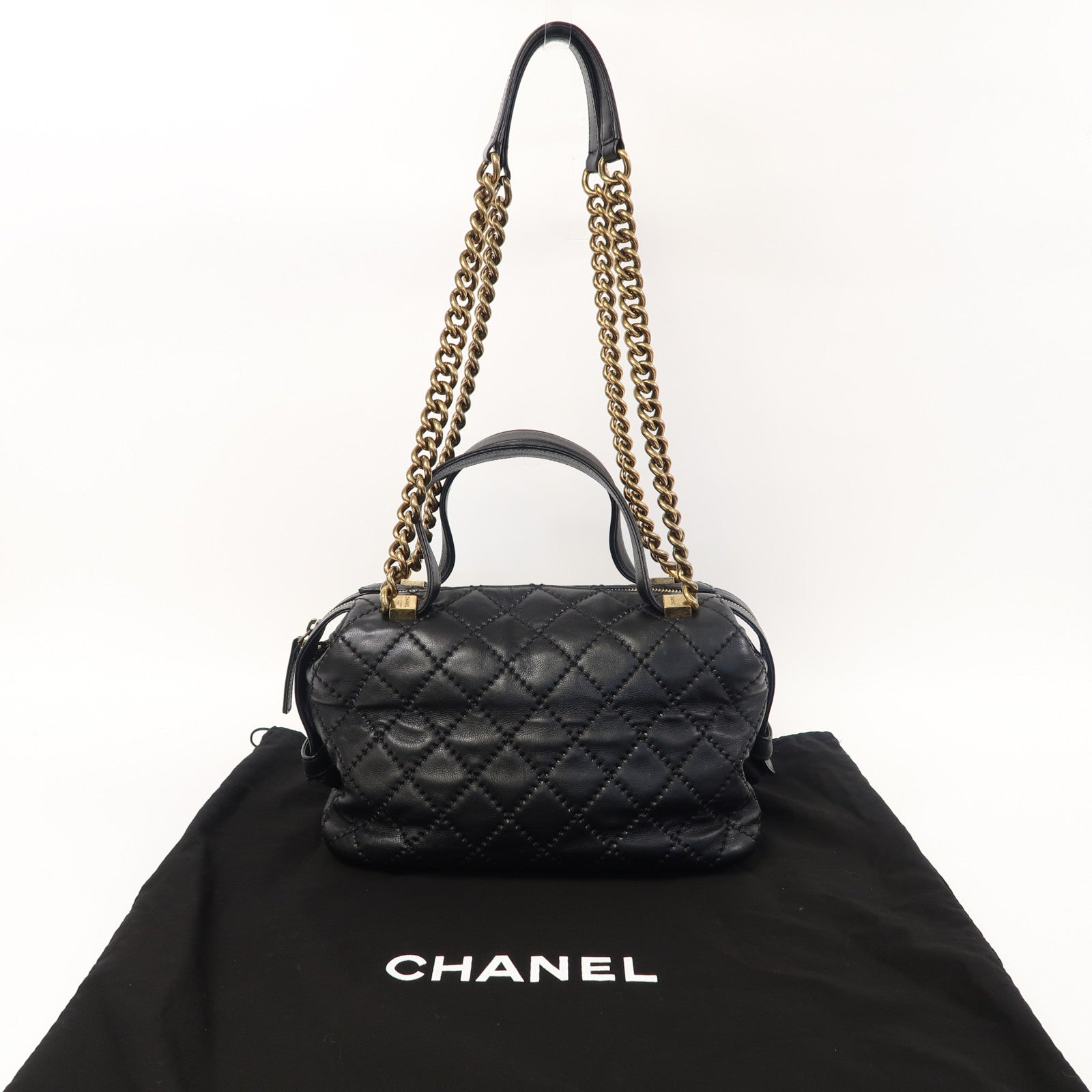 CHANEL 菱格牛皮皮革Boston Bag金扣手挽肩背兩用袋黑色