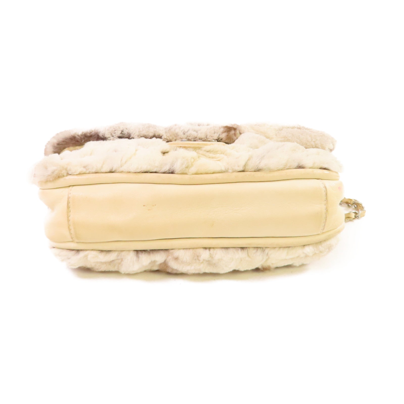 CHANEL 毛絨Shoulder Bag銀扣鏈帶肩背袋米白色