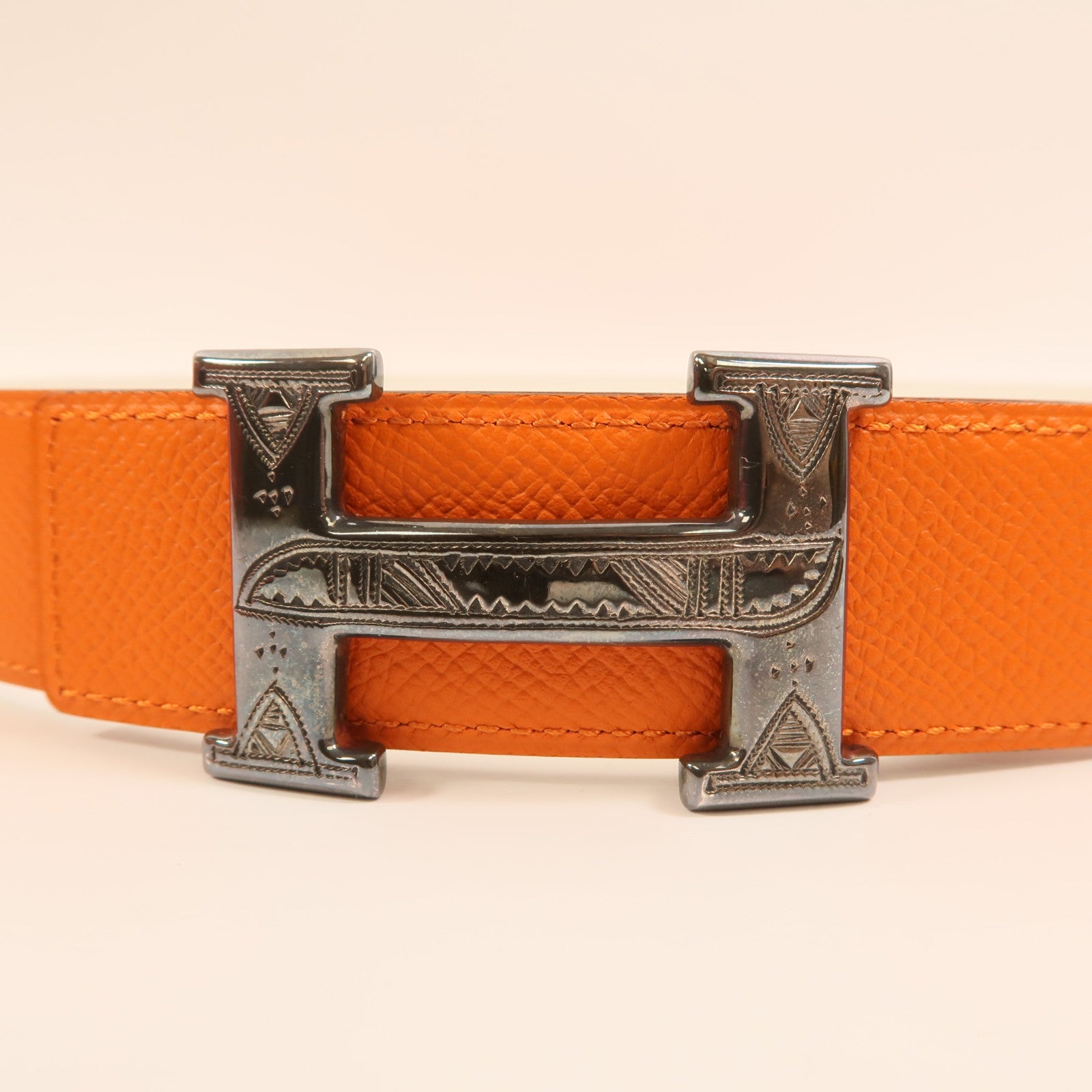 HERMES Epsom/Swift皮革/925純銀Constance H Belt皮帶Orange/Beton