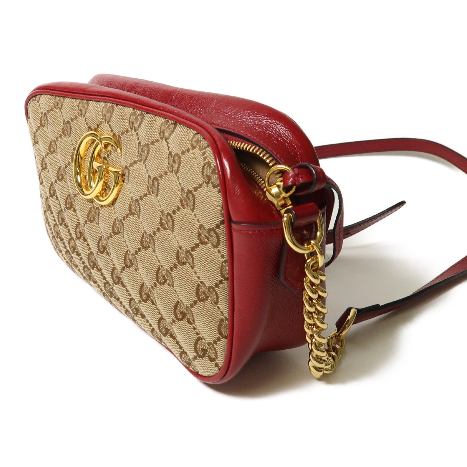 GUCCI 帆布/牛皮皮革Shoulder Bag金扣肩背袋啡色/紅色