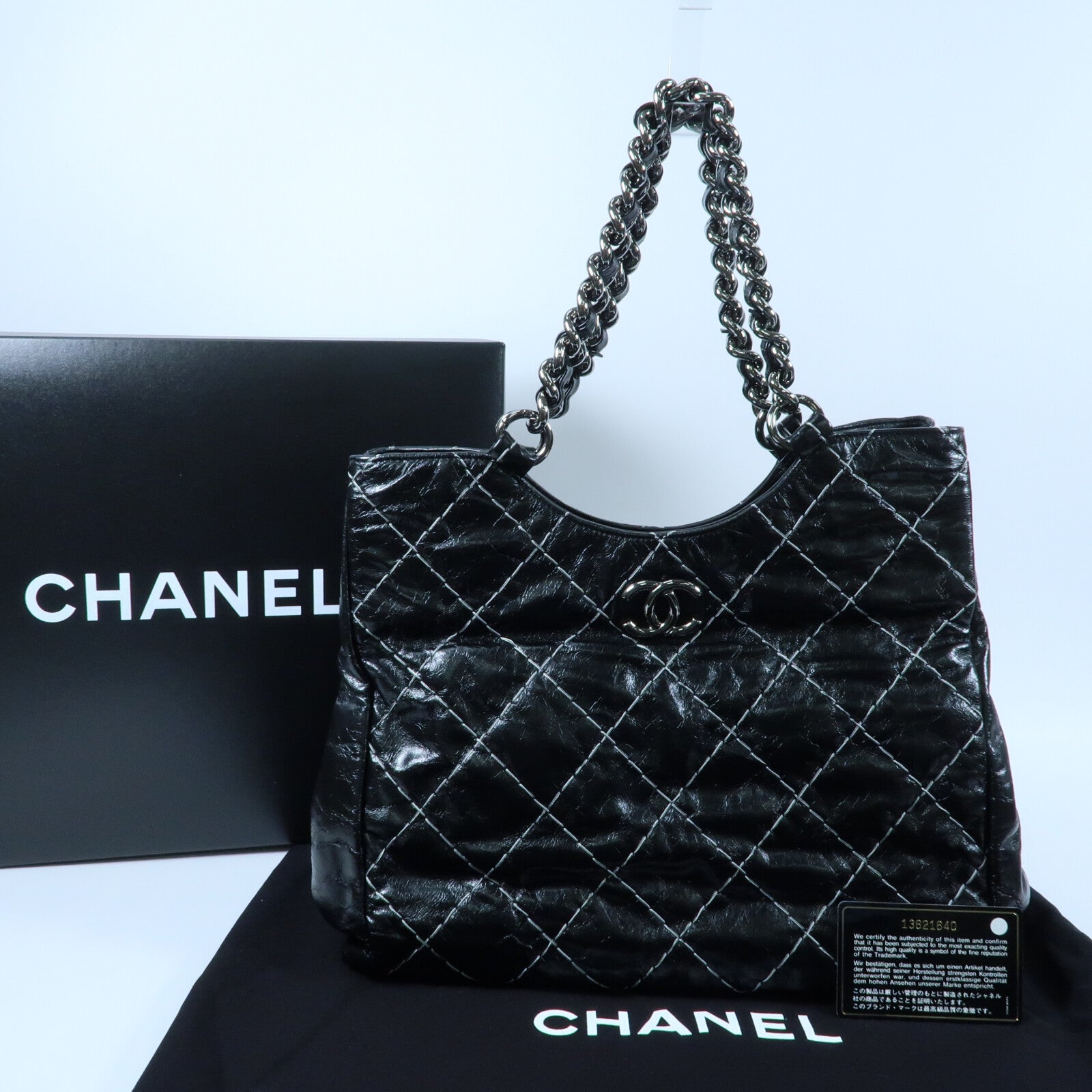 CHANEL 牛皮皮革Wild Stitch Tote銀扣鏈帶手挽袋