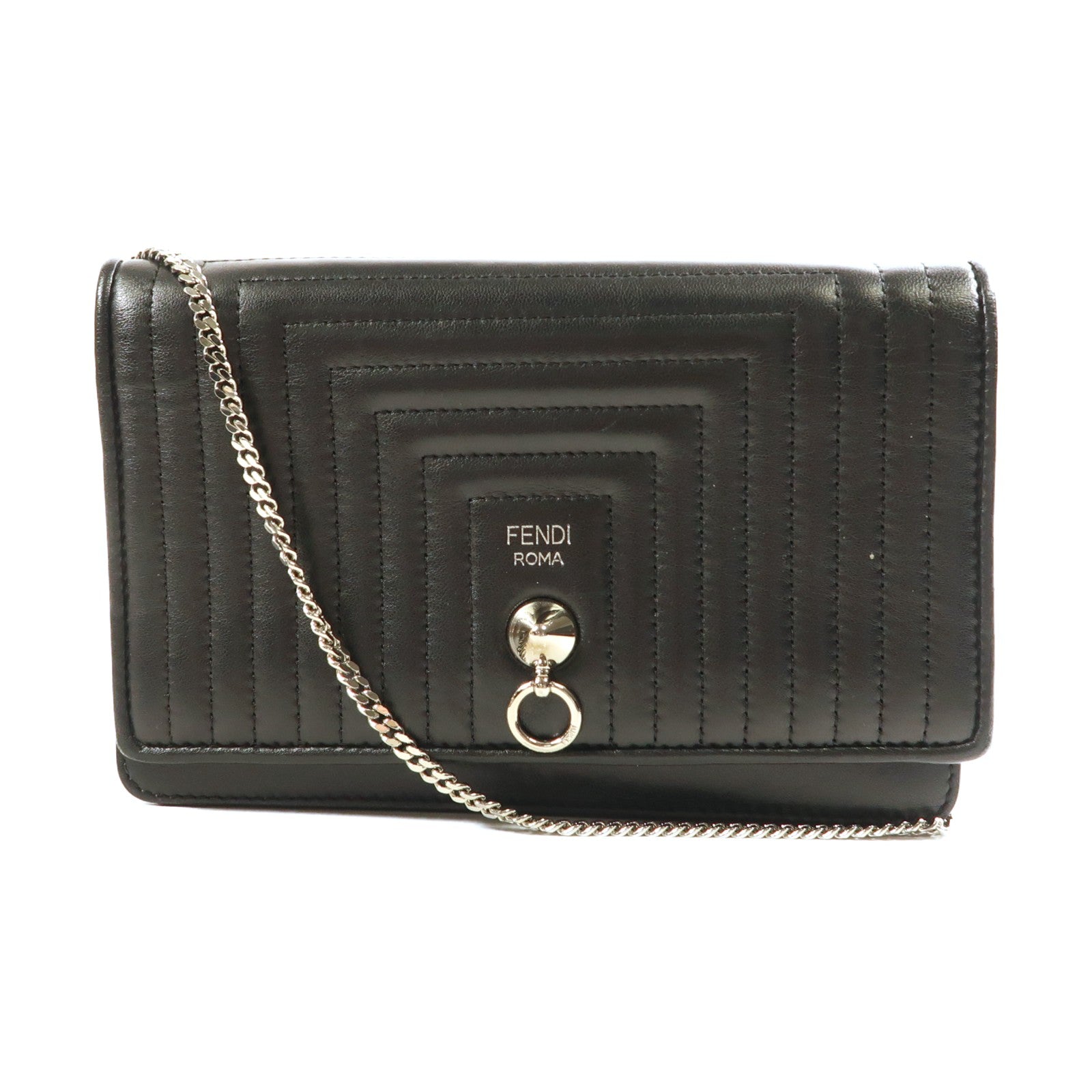 FENDI SHW Shiny Nappa Trapuntata Potom Wallet On Chain 8M0346 Calfskin Black