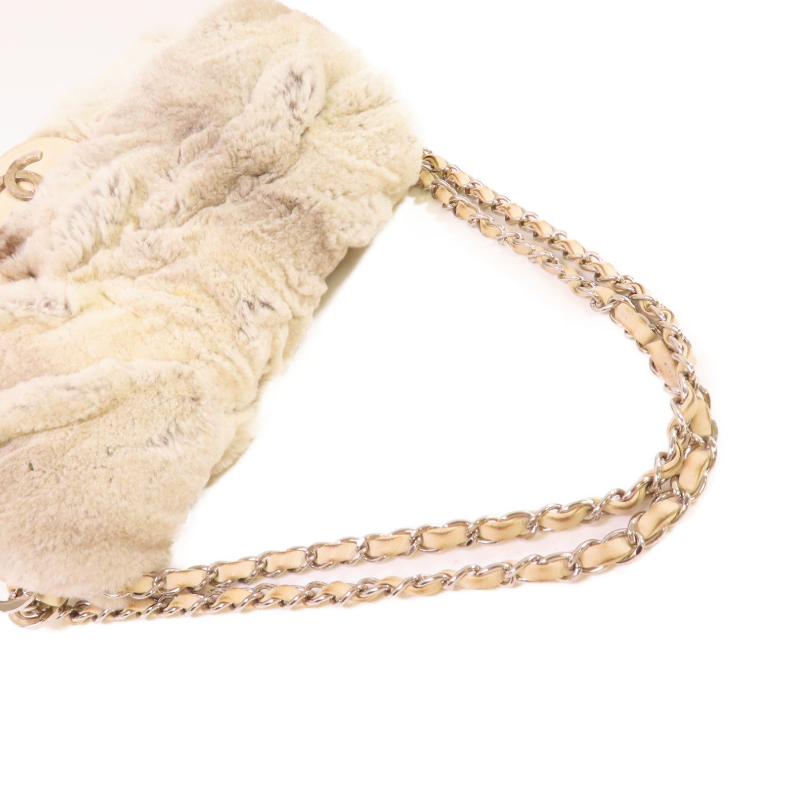 CHANEL 毛絨Shoulder Bag銀扣鏈帶肩背袋米白色