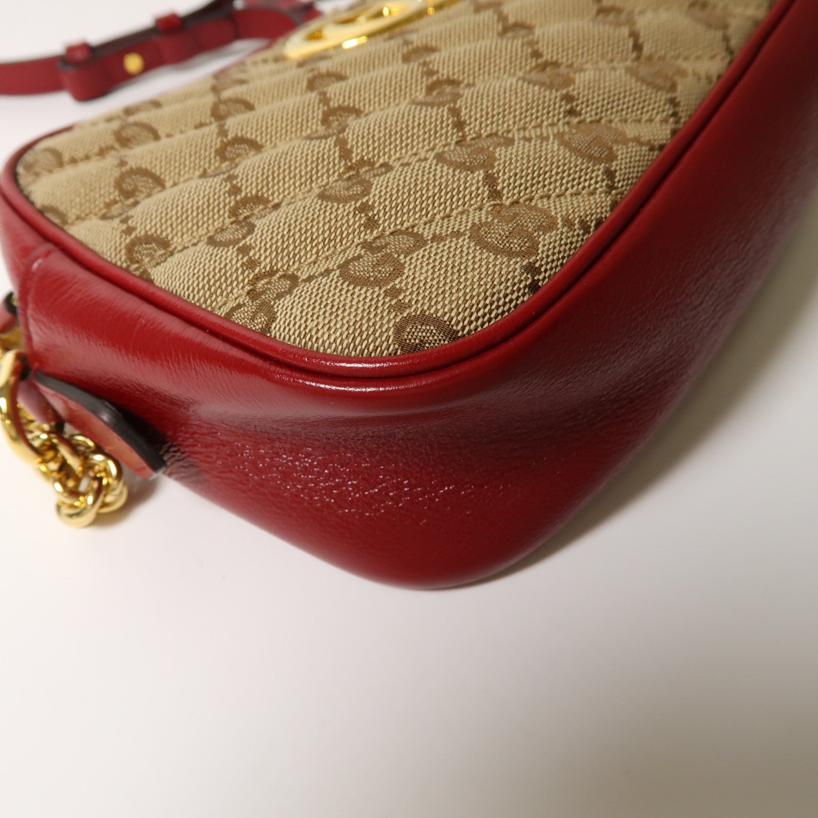 GUCCI 帆布/牛皮皮革Shoulder Bag金扣肩背袋啡色/紅色