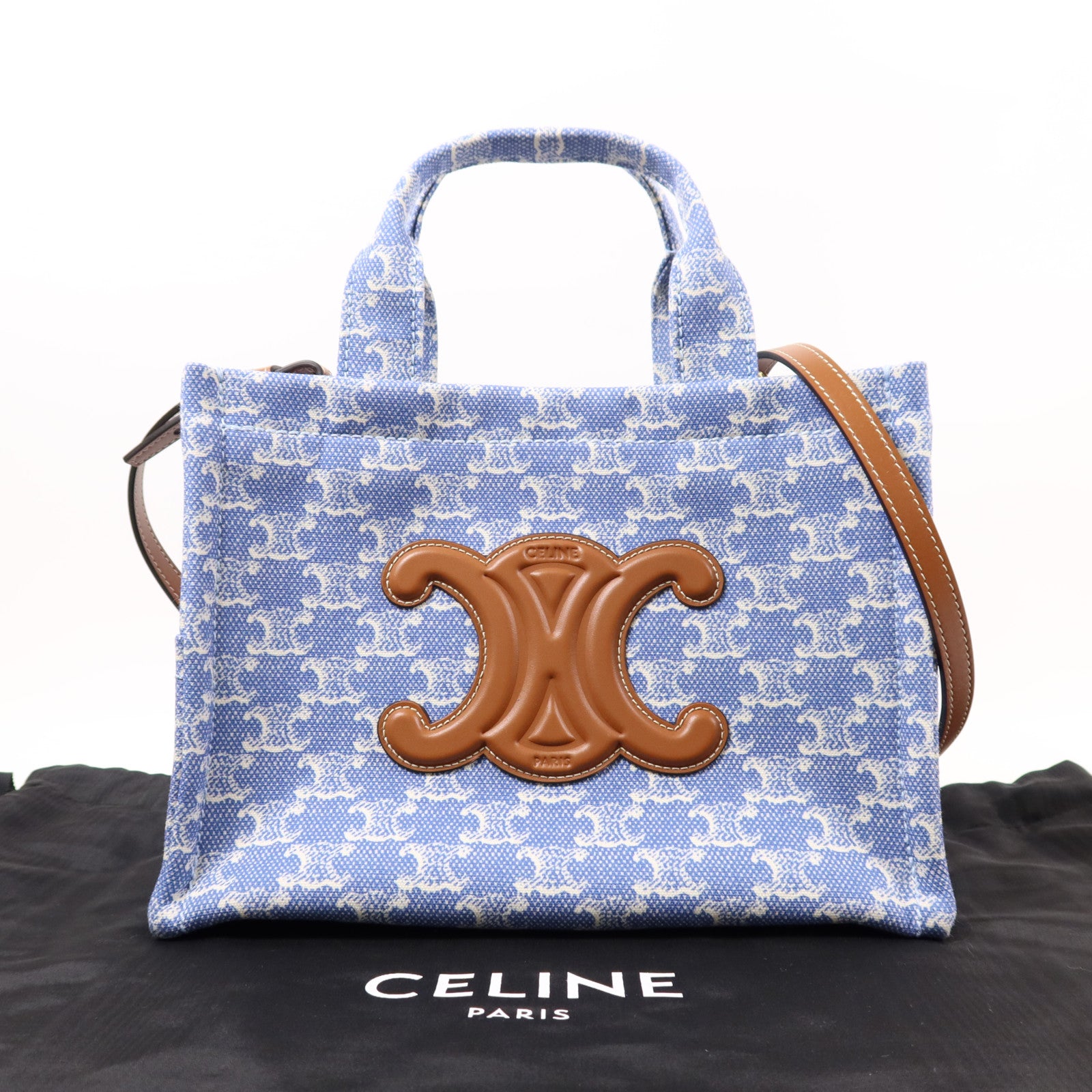 CELINE GHW Small Cabas Thais 2 Way Shoulder Bag Handbag Canvas Blue/White 6924