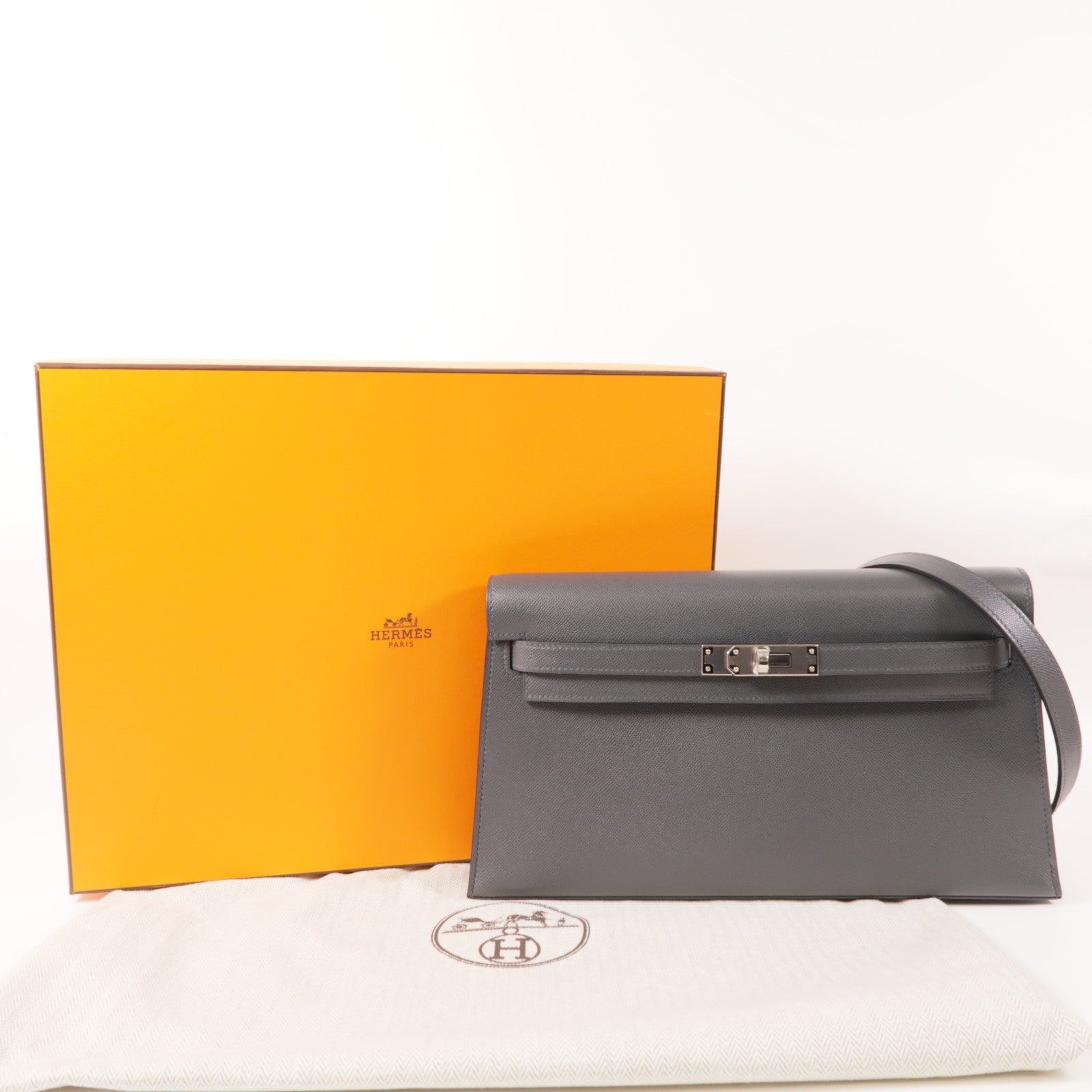 HERMES 【激減優惠】Madame皮革Kelly Elan銀扣肩背袋Gris Misty灰色