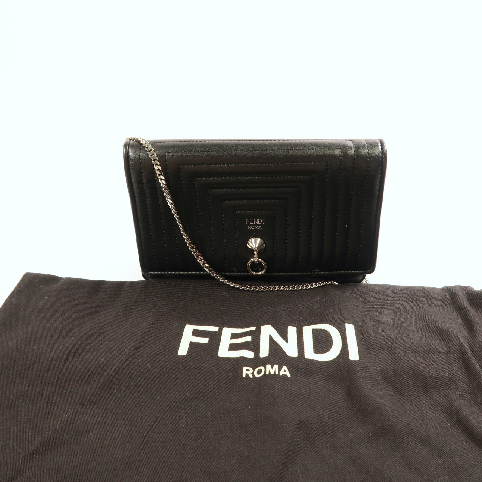 FENDI SHW Shiny Nappa Trapuntata Potom Wallet On Chain 8M0346 Calfskin Black