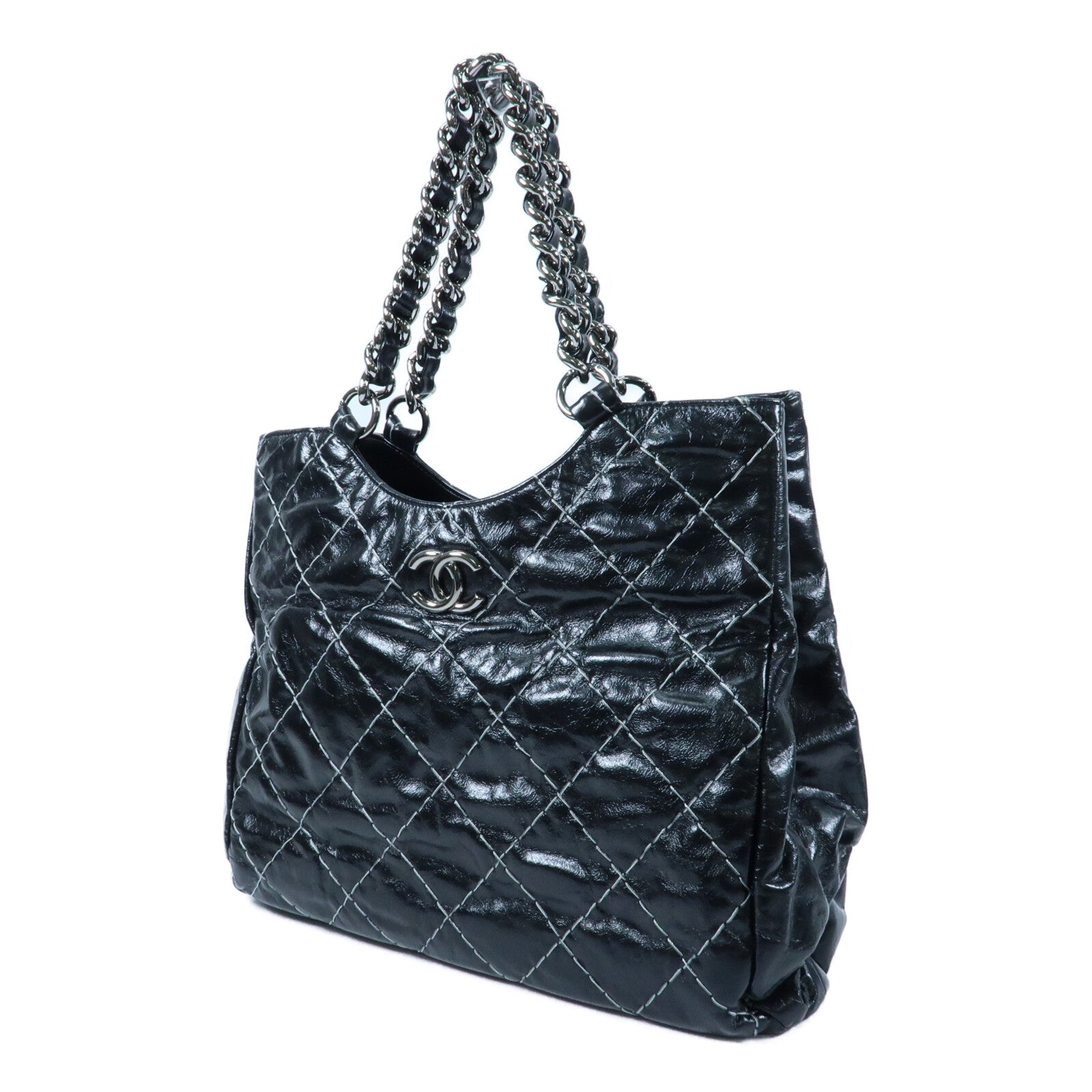 CHANEL 牛皮皮革Wild Stitch Tote銀扣鏈帶手挽袋