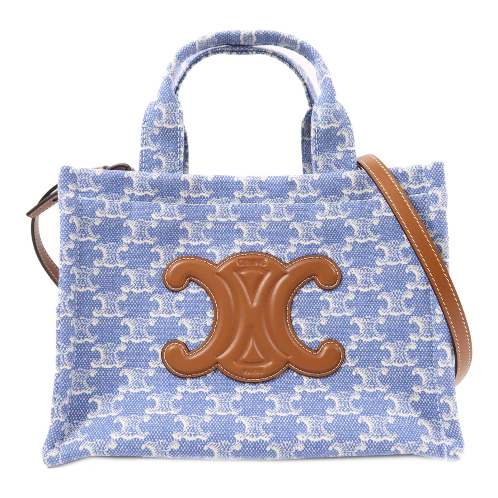 CELINE GHW Small Cabas Thais 2 Way Shoulder Bag Handbag Canvas Blue/White 6924