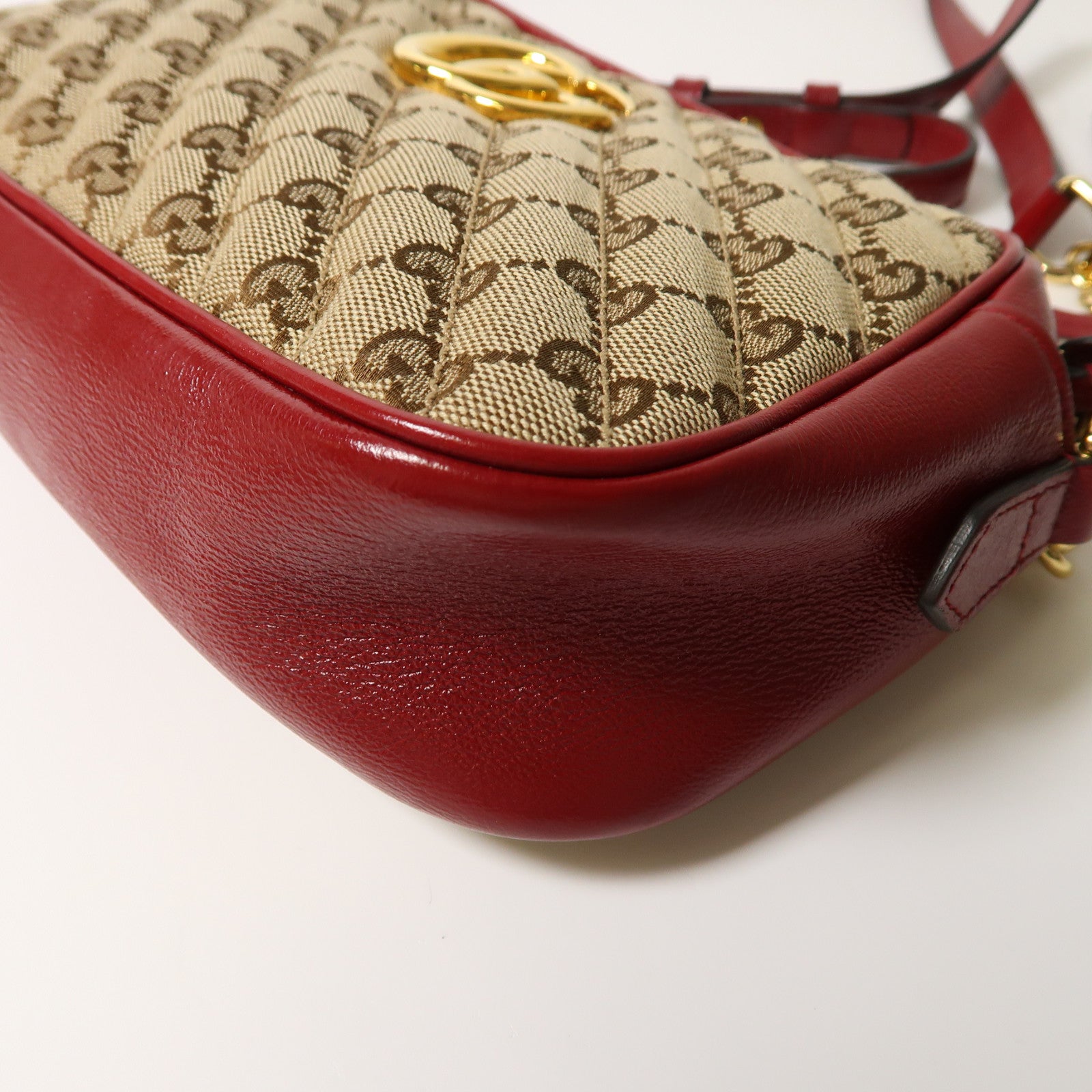 GUCCI 帆布/牛皮皮革Shoulder Bag金扣肩背袋啡色/紅色