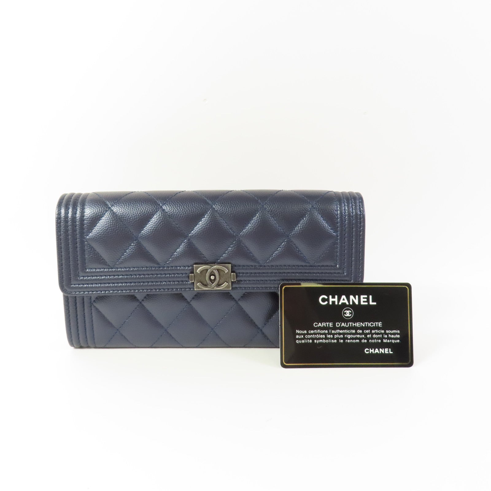 CHANEL Blue Boy Long Wallet Caviar Leather Blue