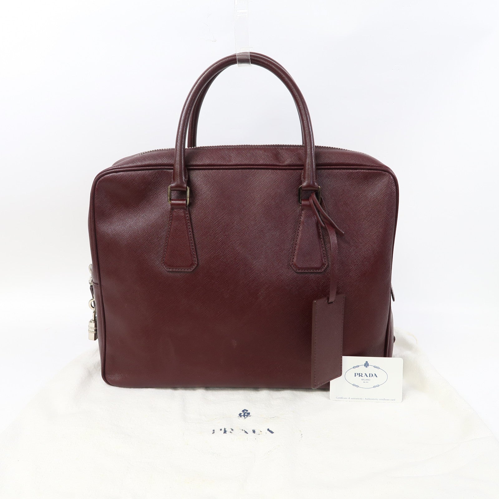 PRADA Saffiano皮革Briefcase Bag銀扣公事包酒紅色