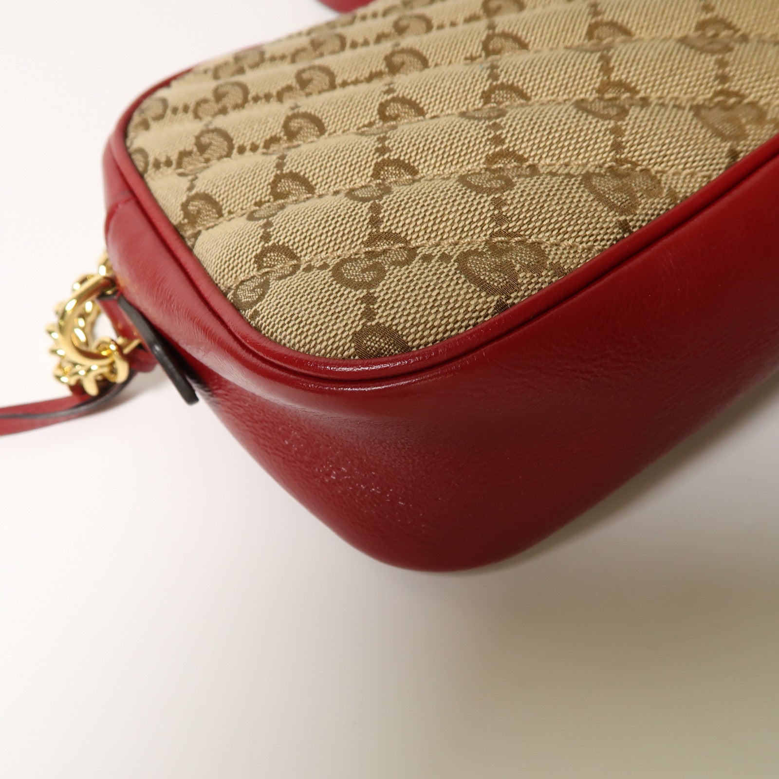 GUCCI 帆布/牛皮皮革Shoulder Bag金扣肩背袋啡色/紅色