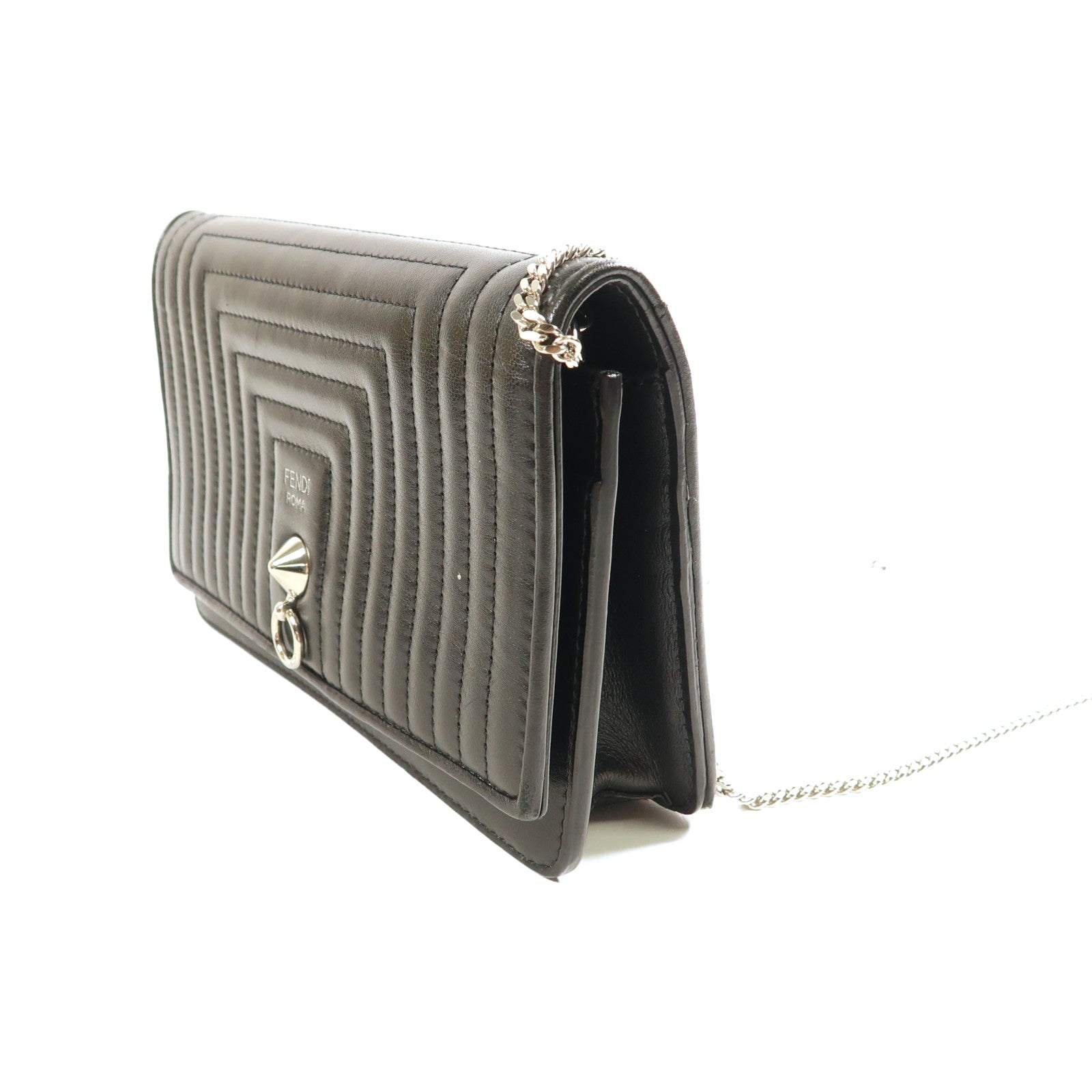 FENDI SHW Shiny Nappa Trapuntata Potom Wallet On Chain 8M0346 Calfskin Black