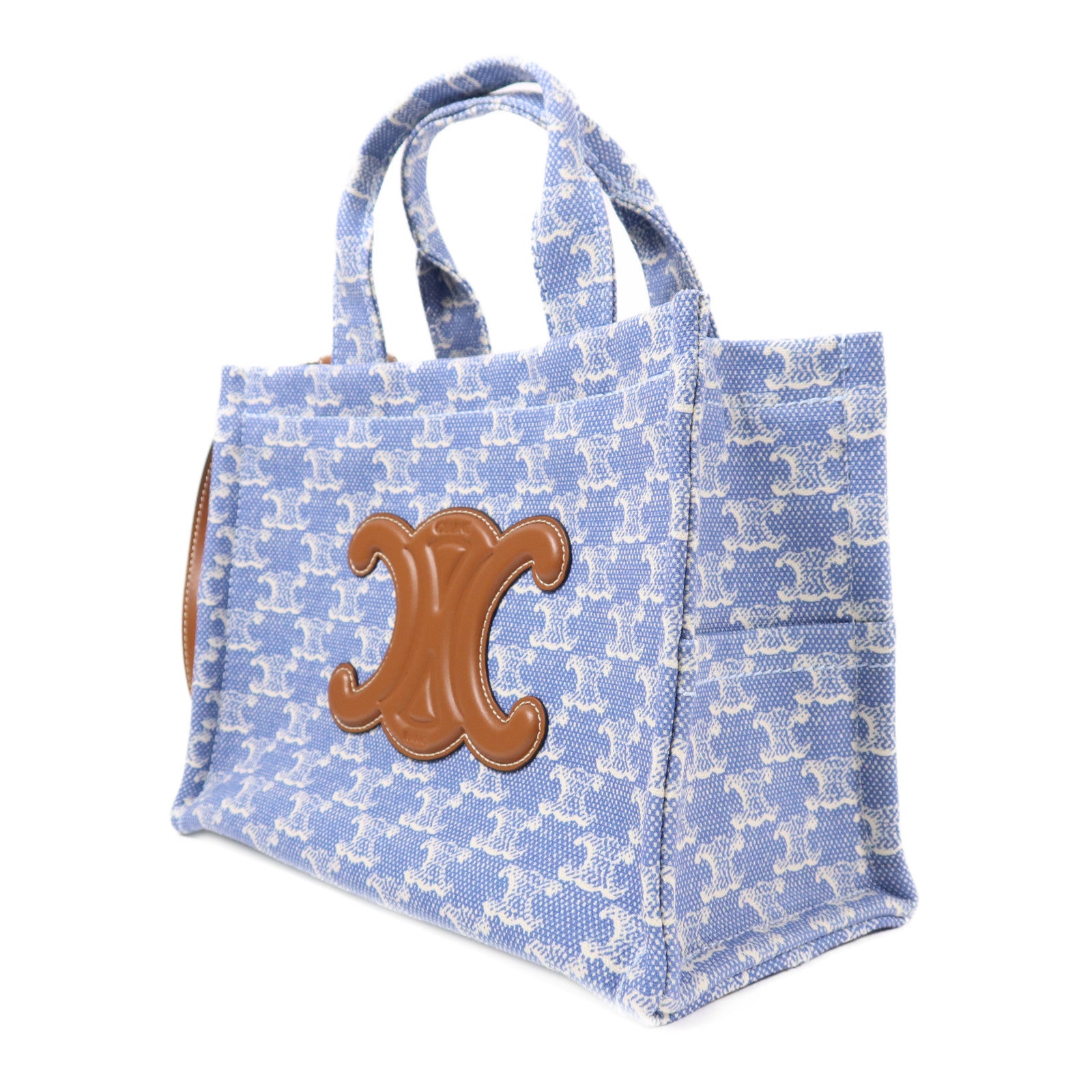 CELINE GHW Small Cabas Thais 2 Way Shoulder Bag Handbag Canvas Blue/White 6924
