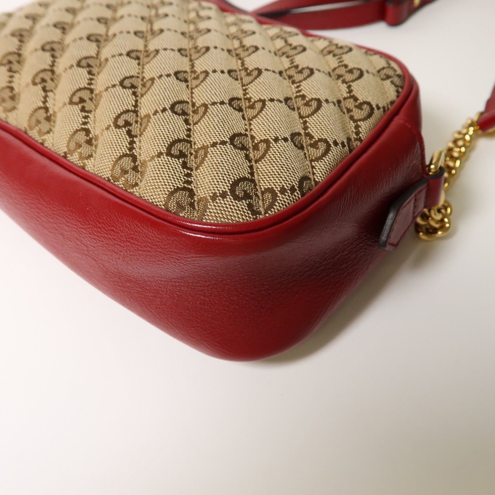 GUCCI 帆布/牛皮皮革Shoulder Bag金扣肩背袋啡色/紅色