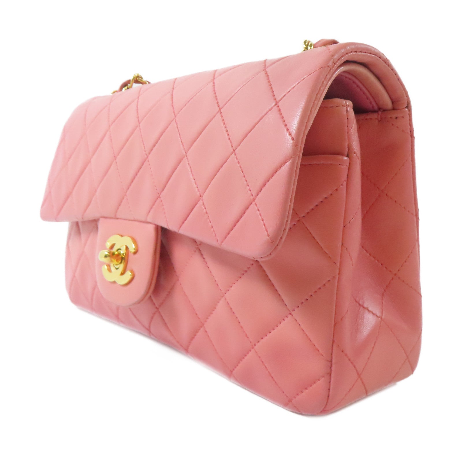 CHANEL 菱格羊皮皮革Chain Shoulder Bag金扣鏈帶肩背袋粉紅色