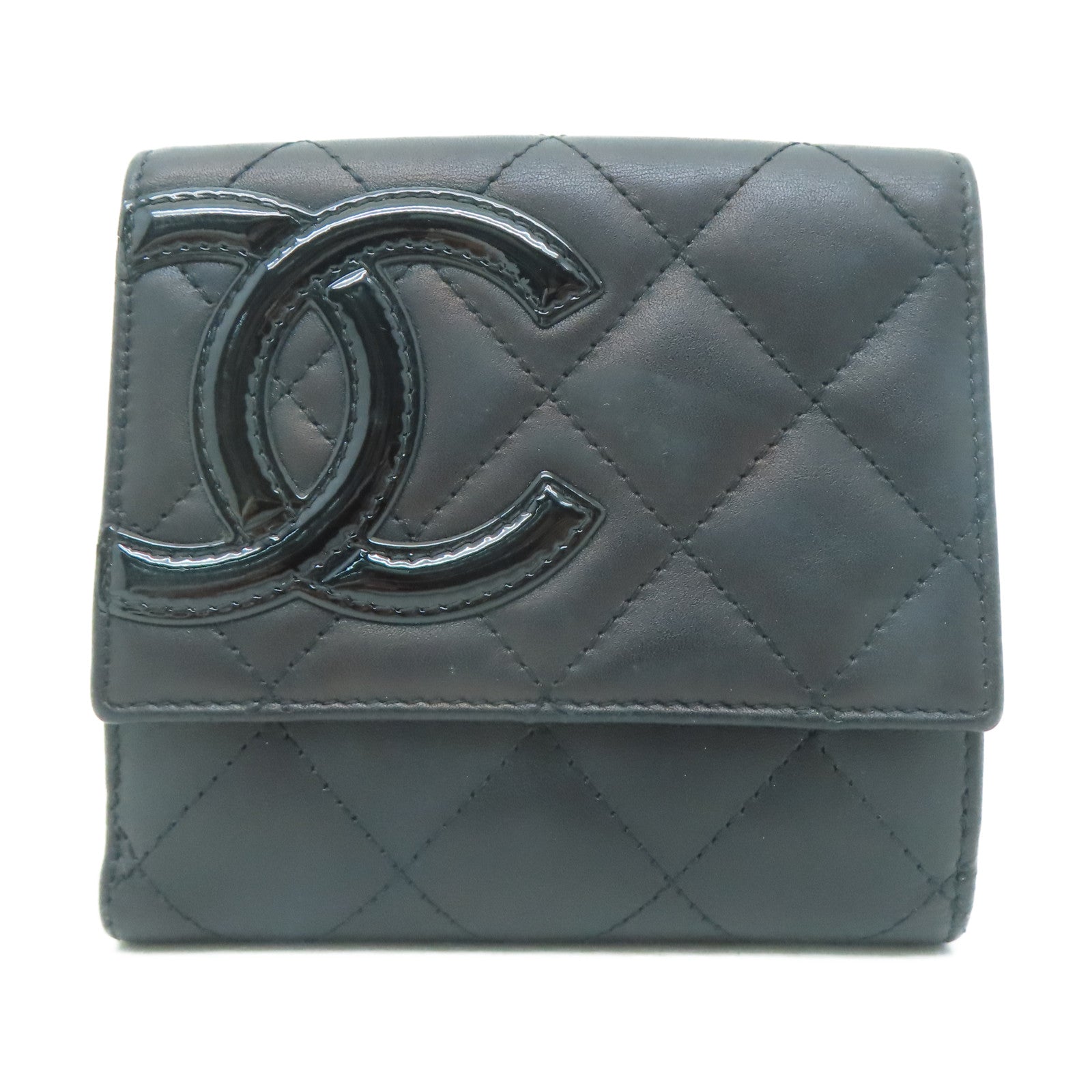 CHANEL 【激減優惠】菱格牛皮皮革Cambon Compact Wallet銀扣錢包黑色/粉紅色