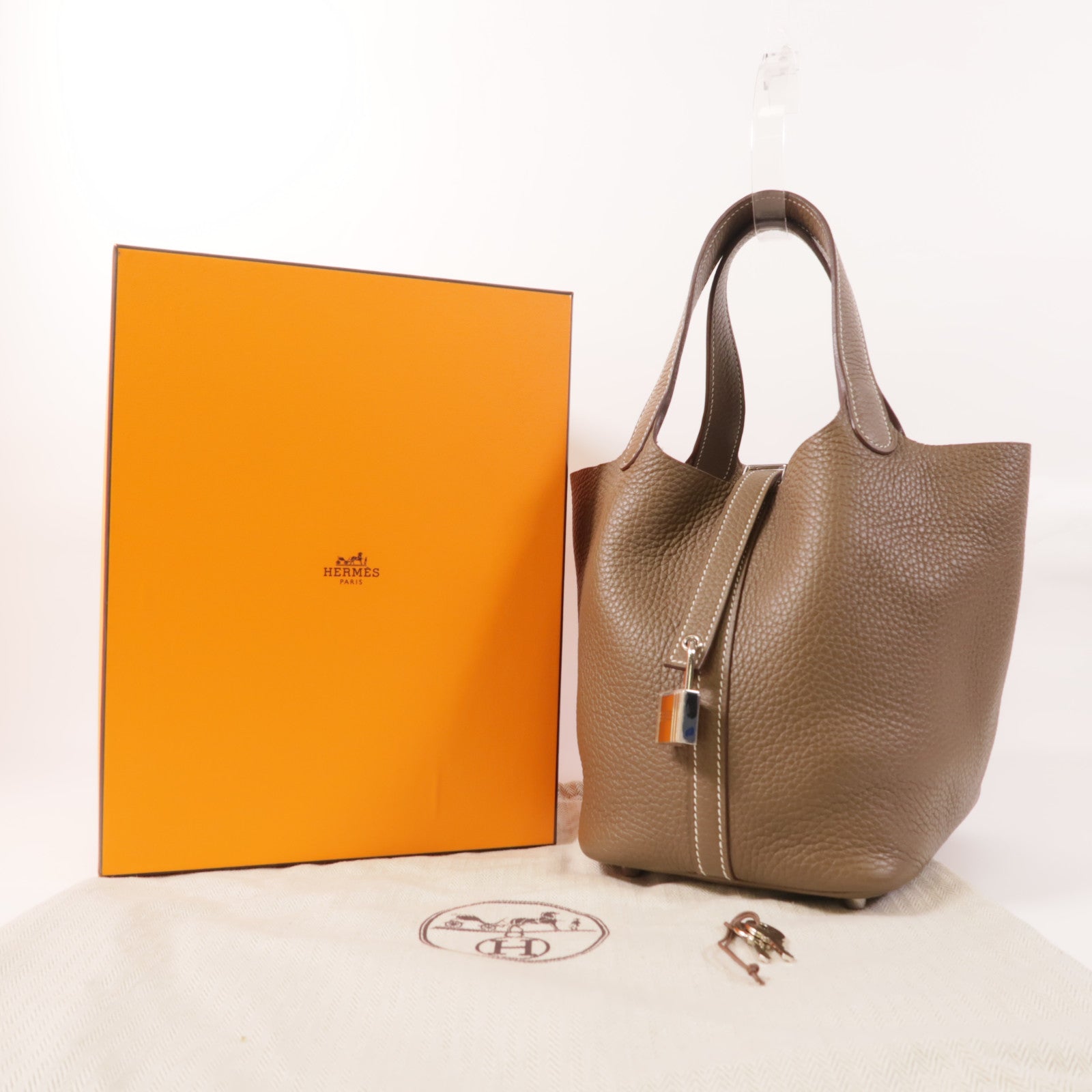 HERMES Clemence皮革Picotin PM金扣手挽袋Etoupe