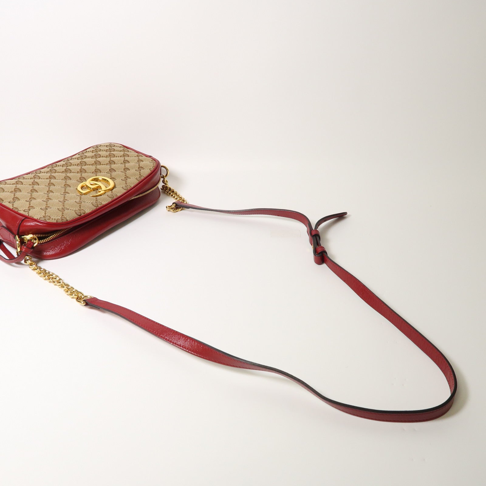GUCCI 帆布/牛皮皮革Shoulder Bag金扣肩背袋啡色/紅色