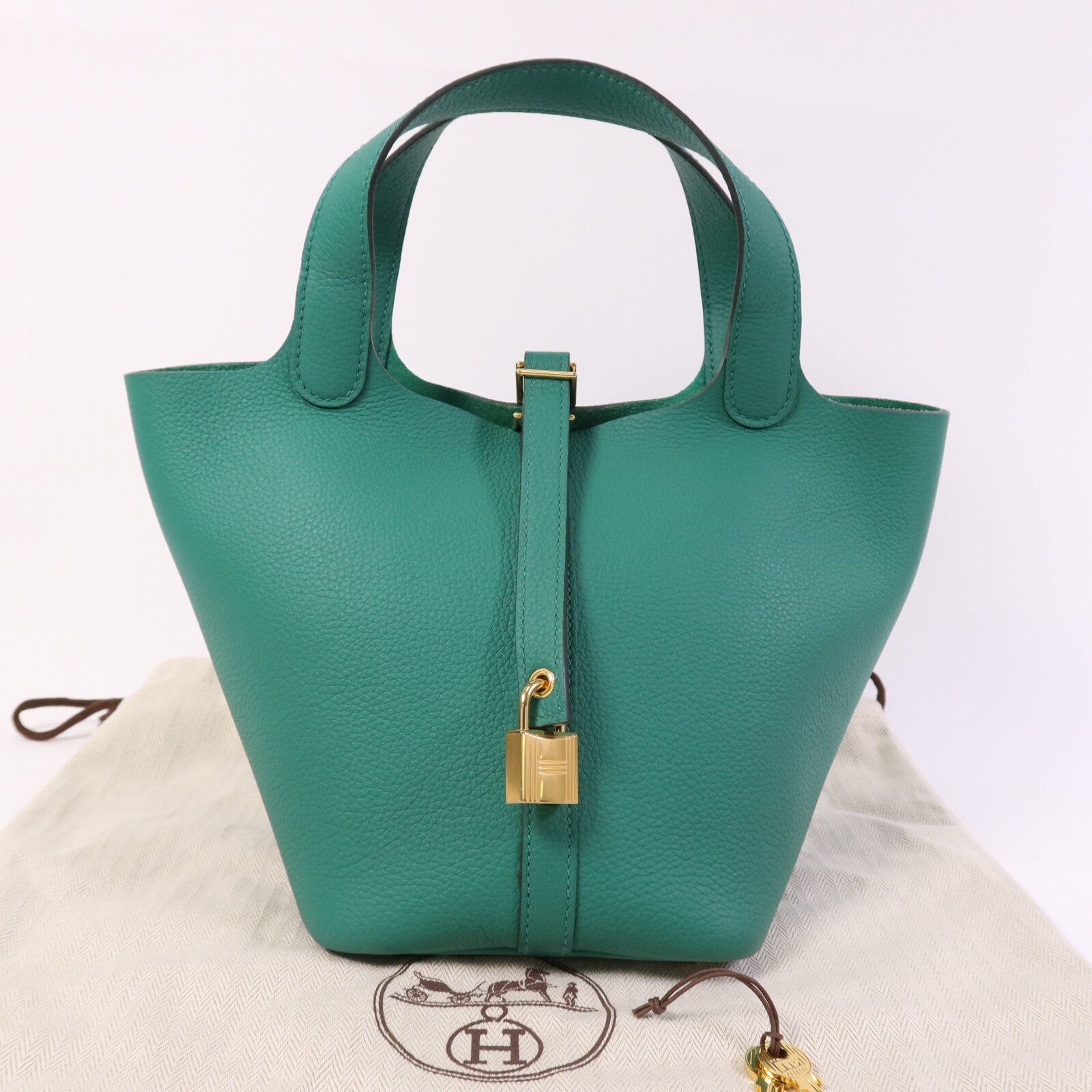 HERMES Clemence皮革Picotin PM金扣手挽袋Vert Vertigo