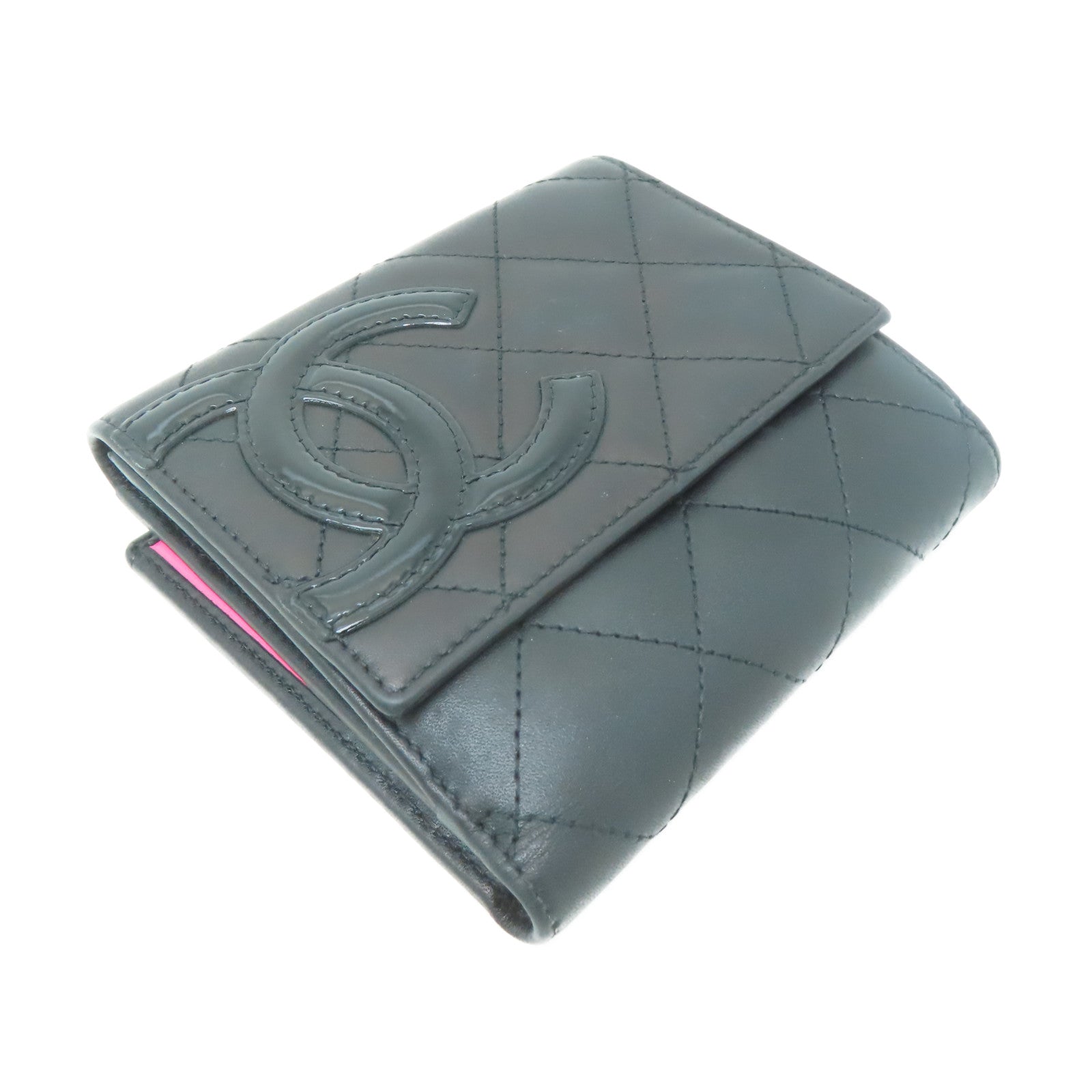 CHANEL 【激減優惠】菱格牛皮皮革Cambon Compact Wallet銀扣錢包黑色/粉紅色