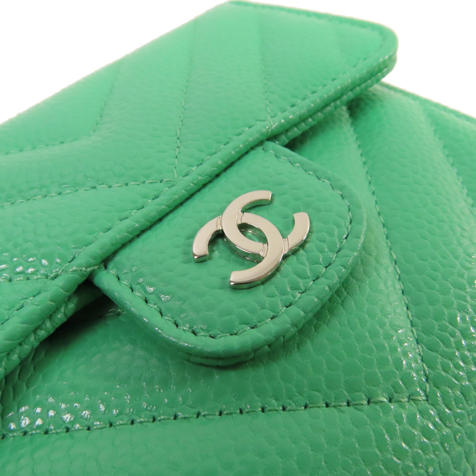 CHANEL 斜紋Caviar皮革Fold Wallet銀扣短錢包綠色