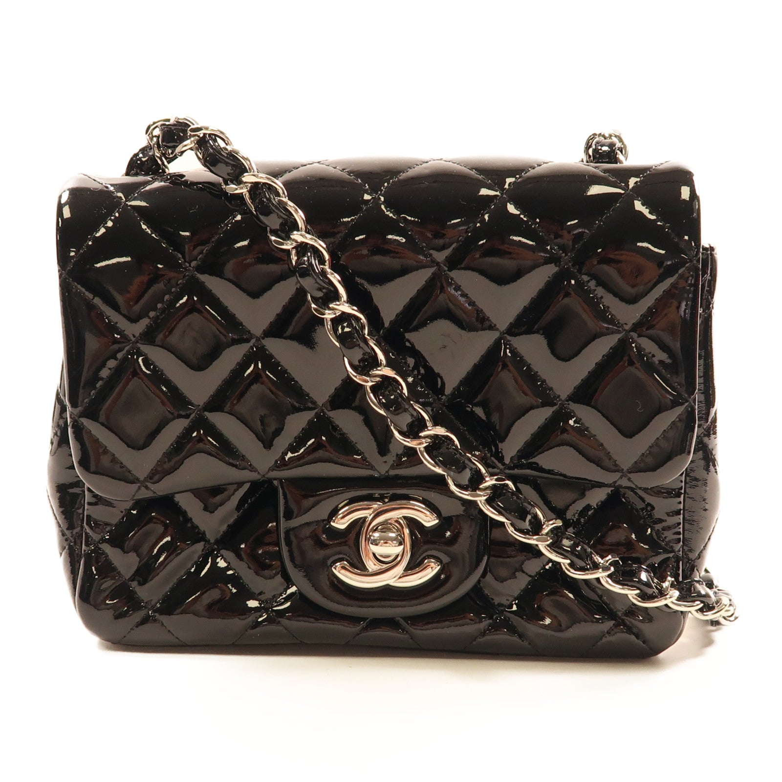 CHANEL 漆皮皮革Mini Classic 17銀扣鏈帶肩背袋