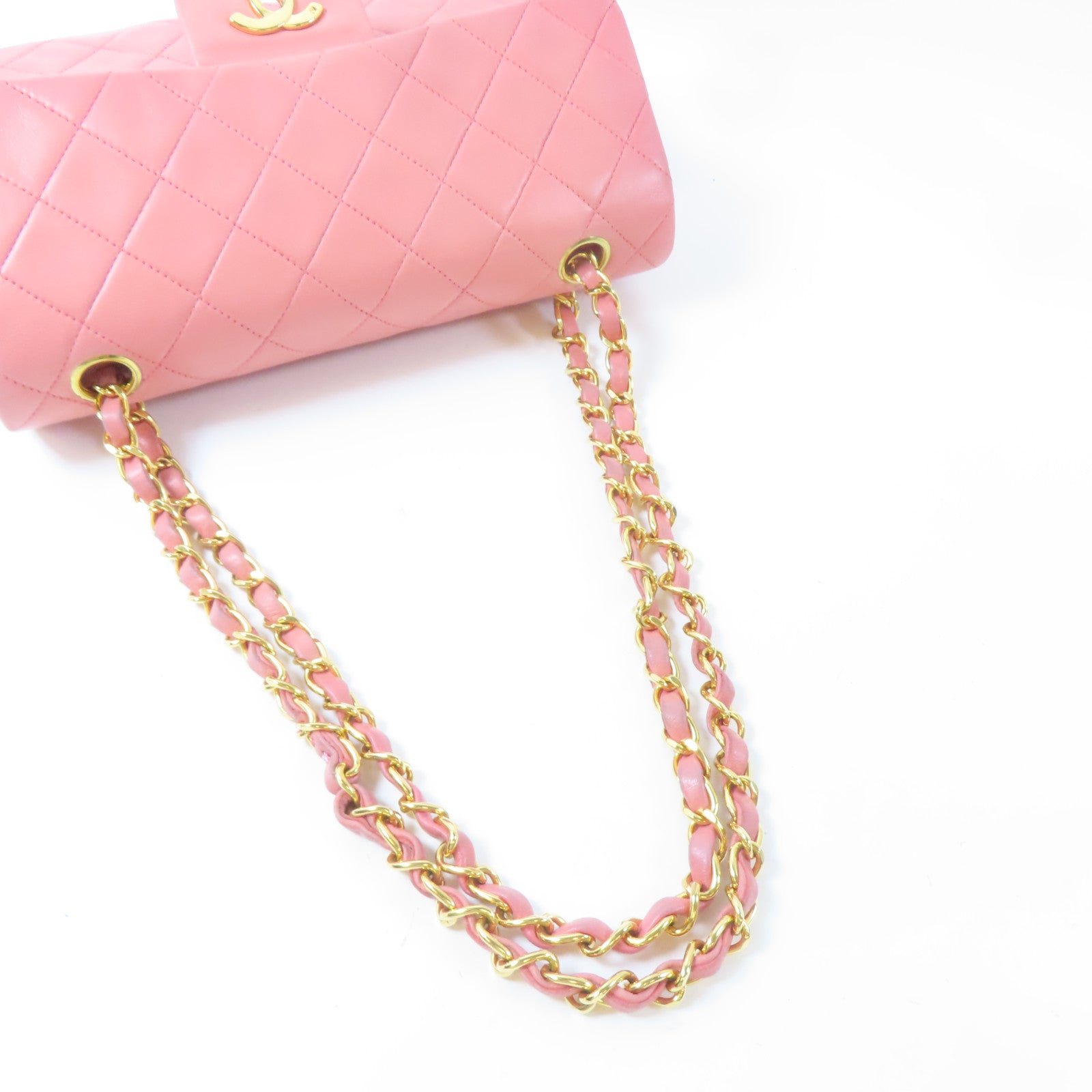 CHANEL 菱格羊皮皮革Chain Shoulder Bag金扣鏈帶肩背袋粉紅色