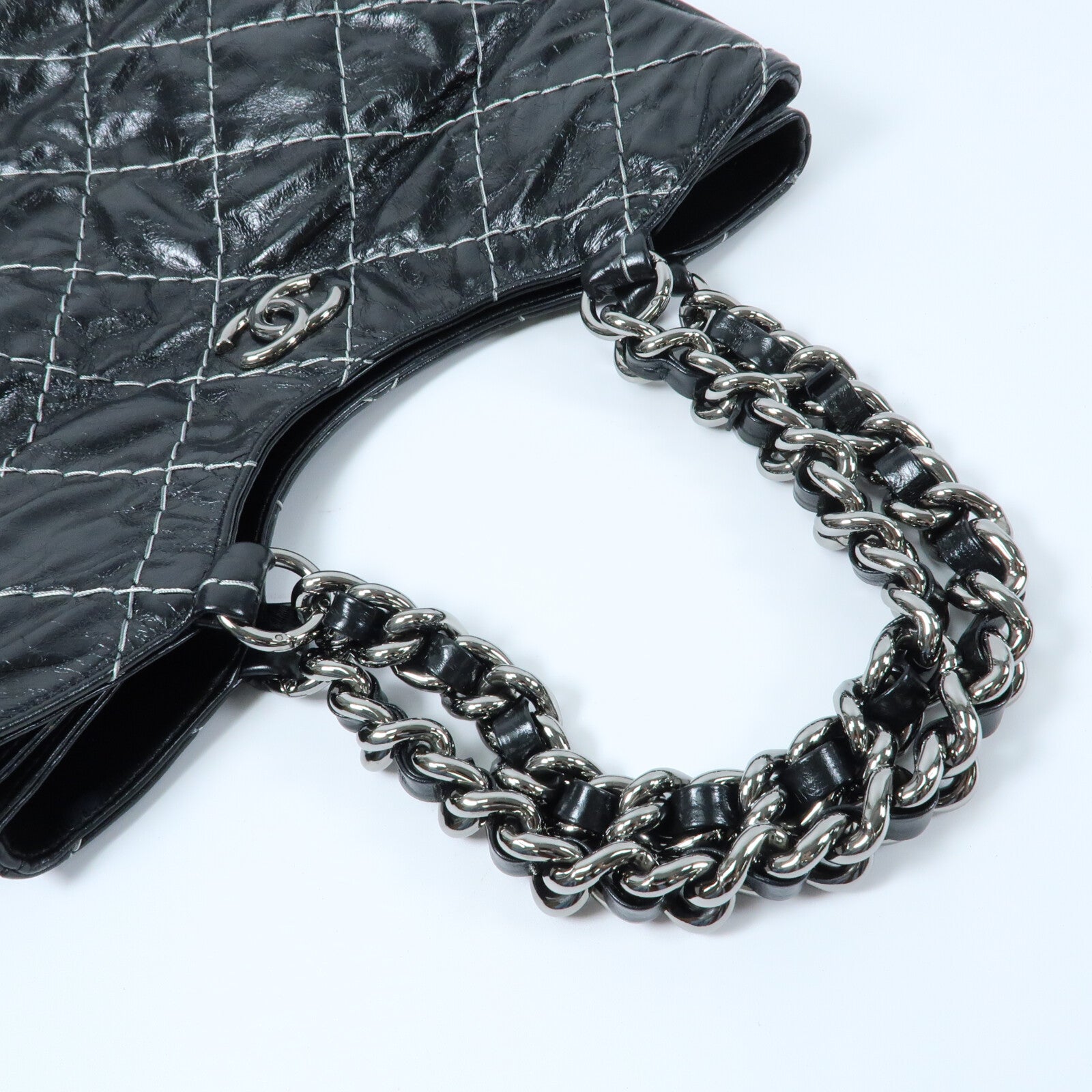 CHANEL 牛皮皮革Wild Stitch Tote銀扣鏈帶手挽袋