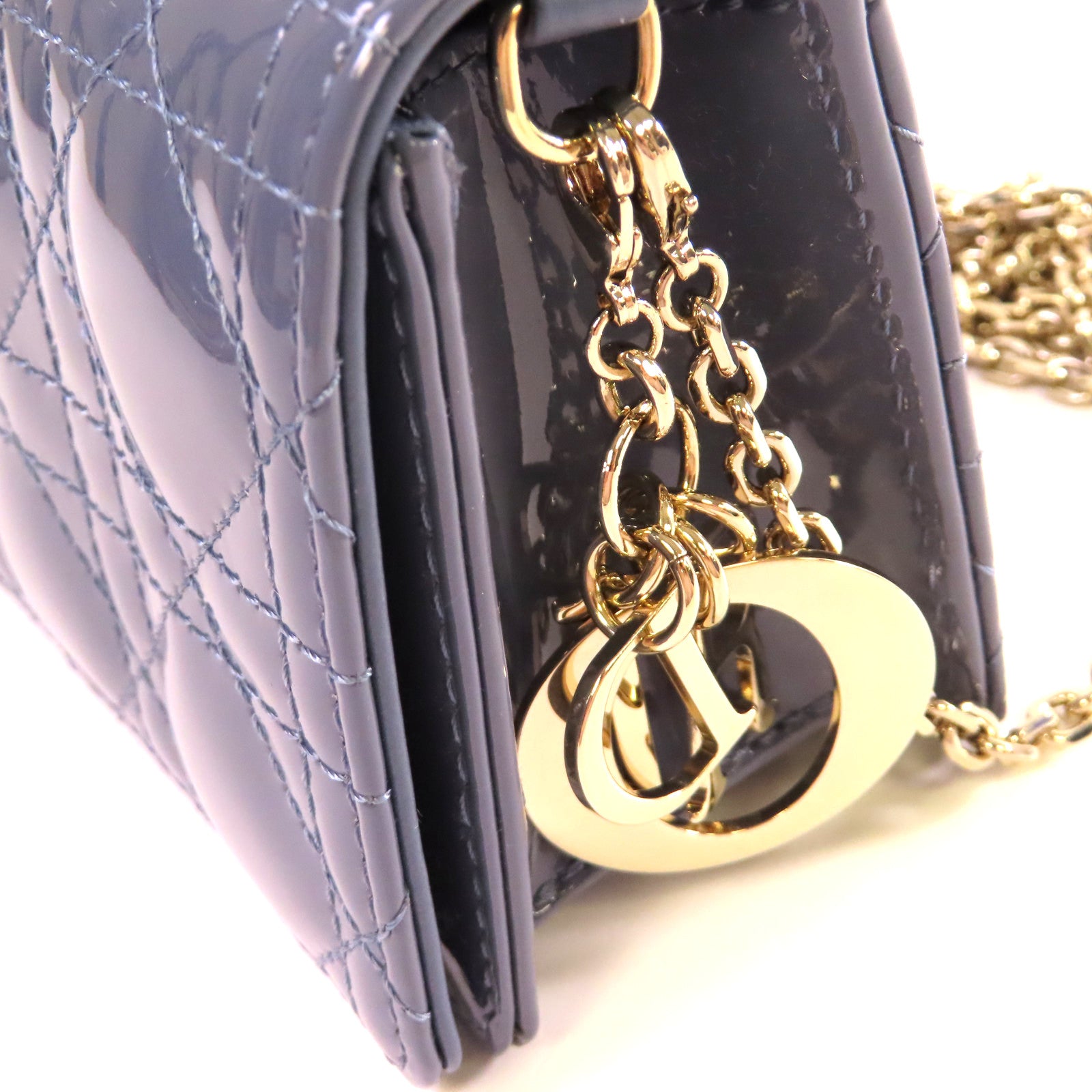 Dior 【激減優惠】漆皮皮革Chain Shoulder Bag銀扣鏈帶肩背袋灰藍色