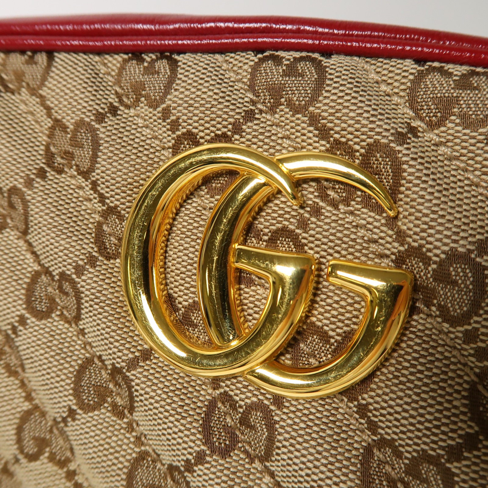 GUCCI 帆布/牛皮皮革Shoulder Bag金扣肩背袋啡色/紅色